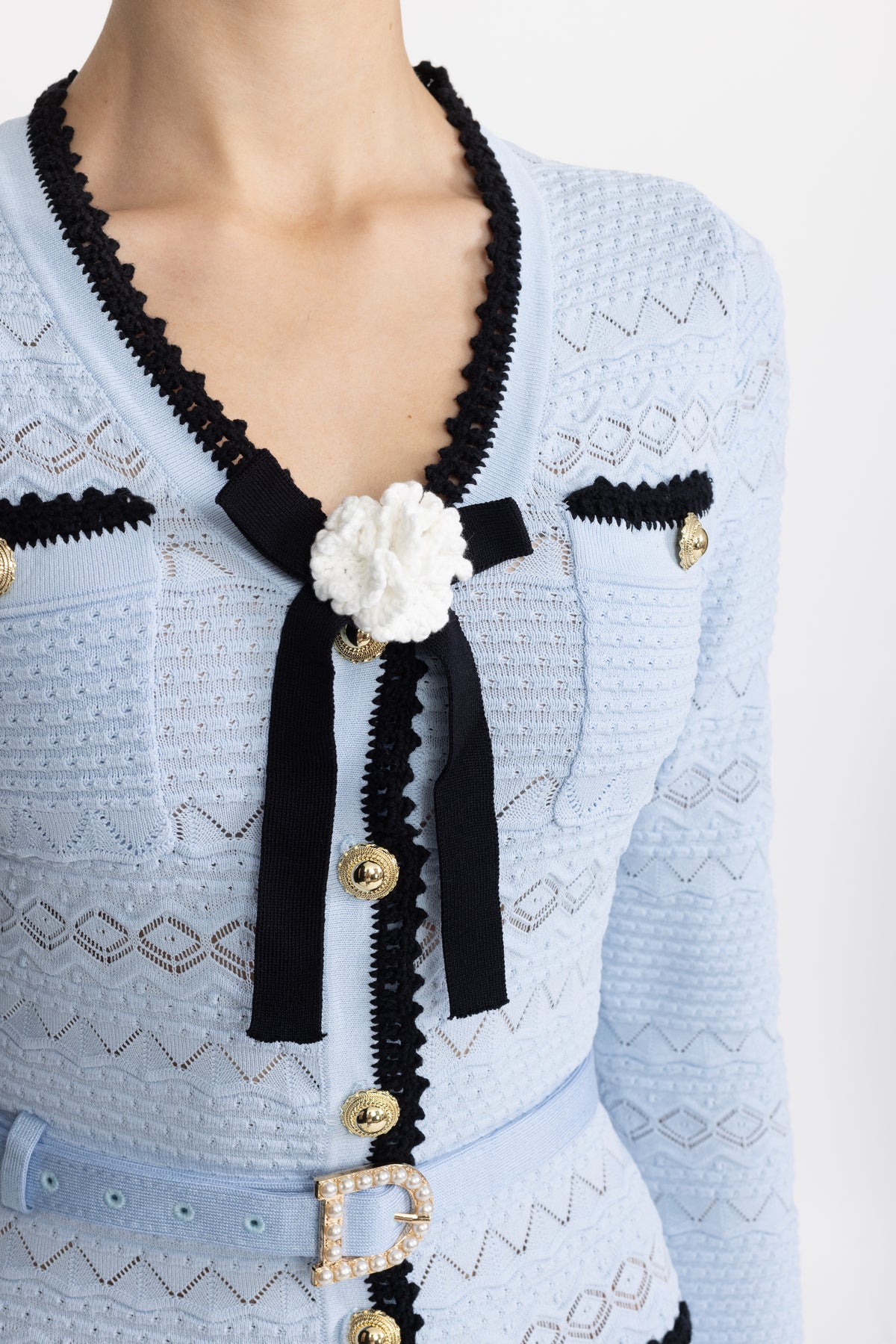 Crochet Trim Knit Button Midi Dress with Flower Brooch - Light Blue