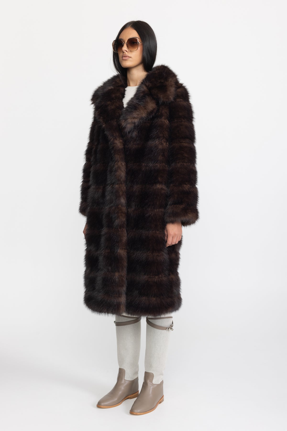 Fur-Effect Panelled Longline Coat - Chocolate