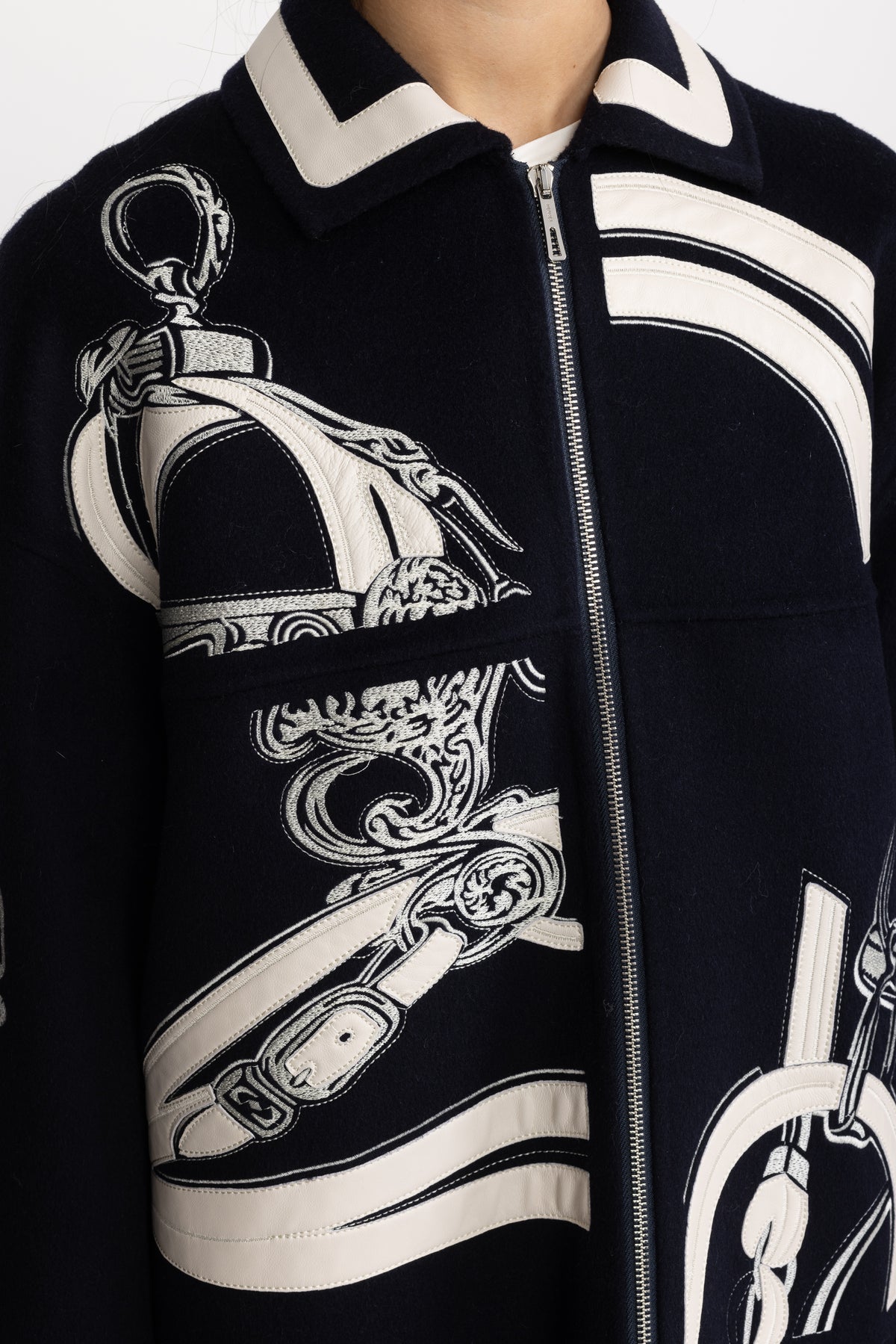 Equestrian Applique Embroidered Wool Zip Coat - Navy