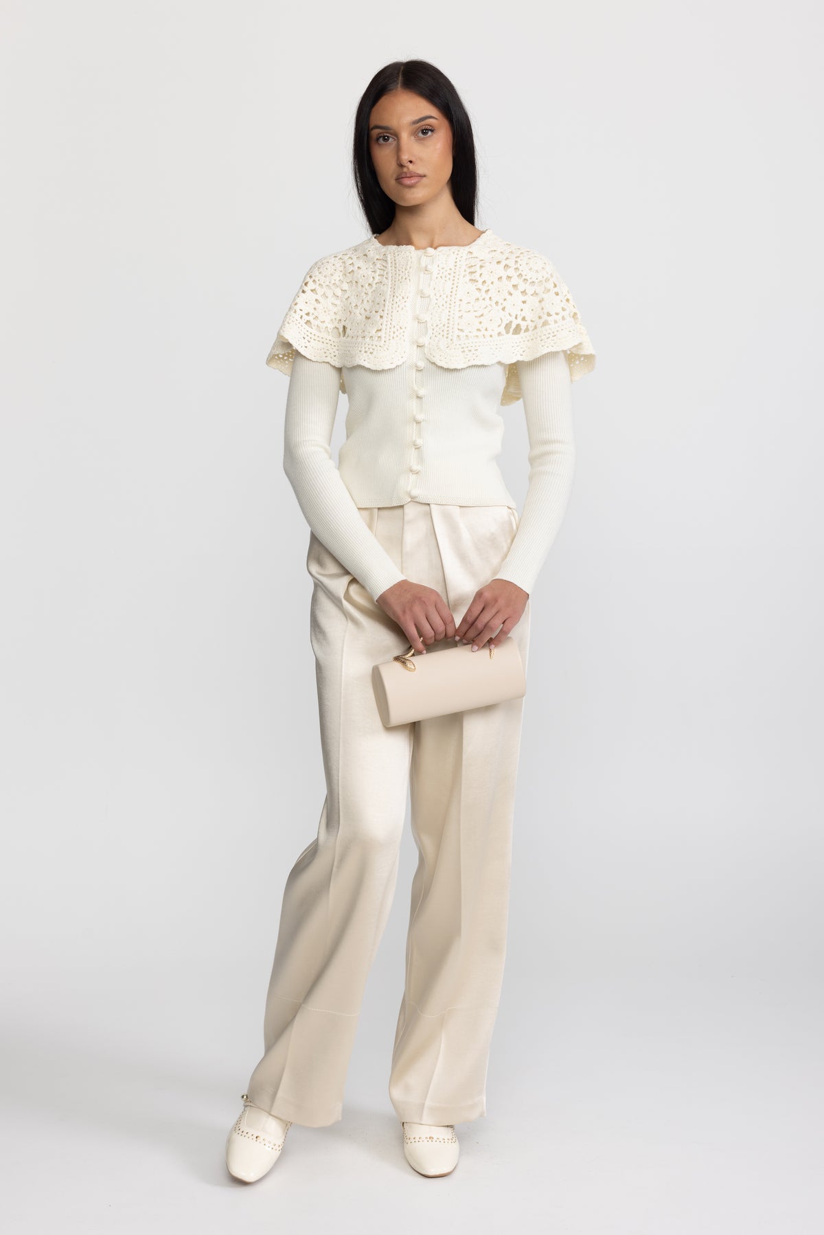 Cardigan din tricot reiat cu guler pelerină croșetat - Ivoire