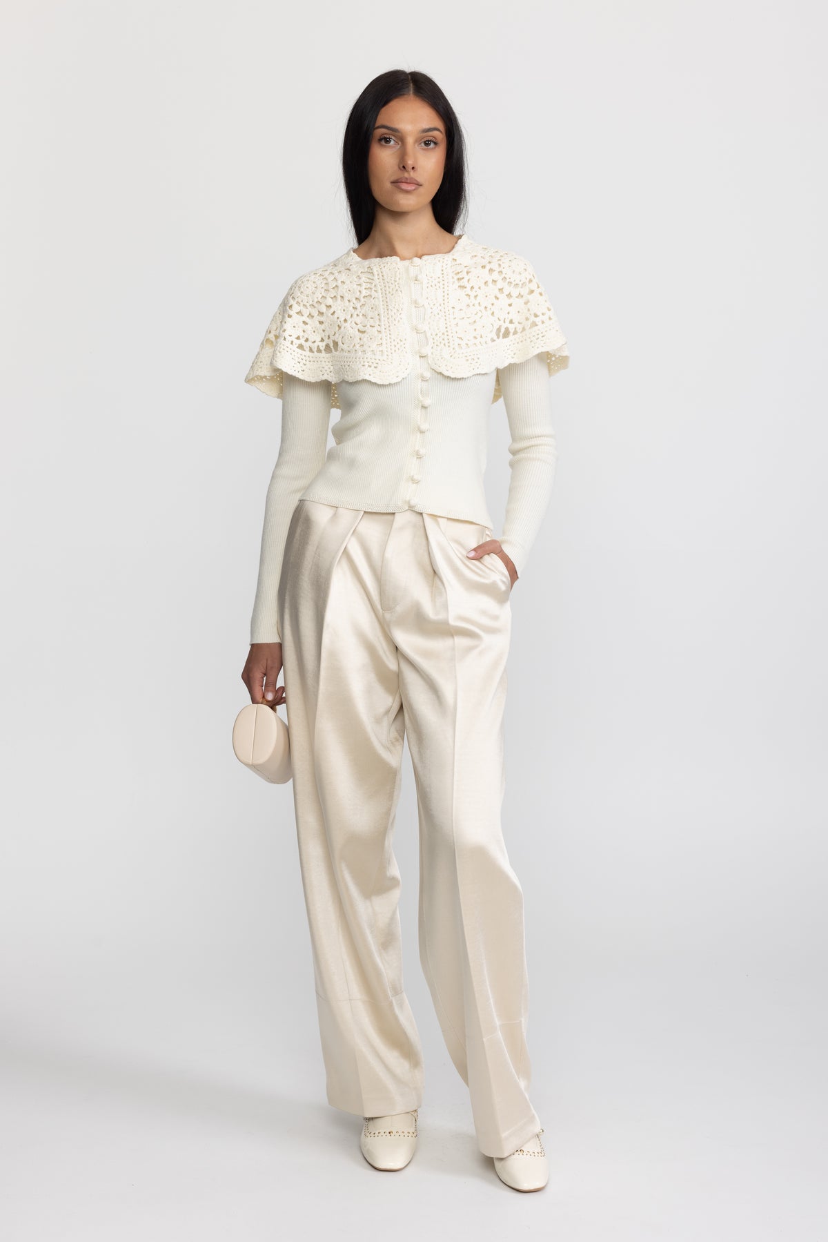 Cardigan din tricot reiat cu guler pelerină croșetat - Ivoire