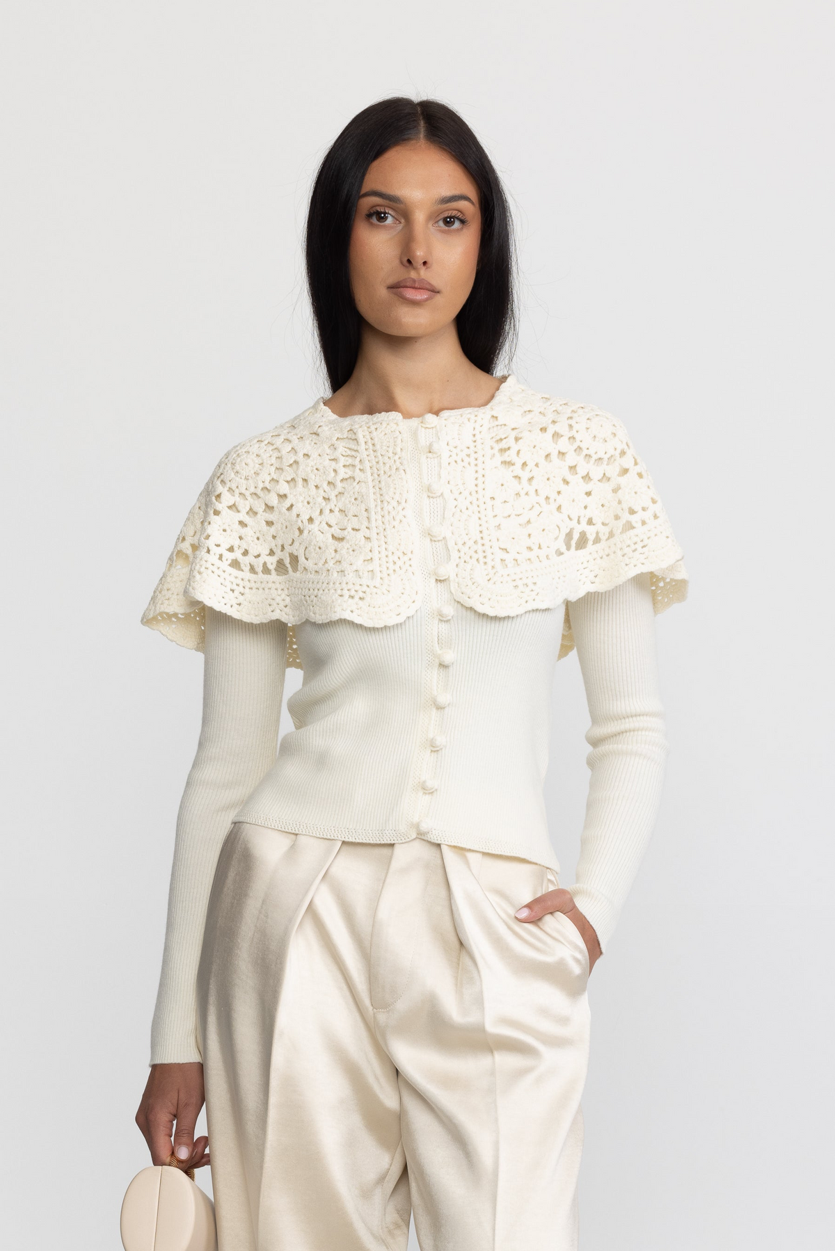 Cardigan din tricot reiat cu guler pelerină croșetat - Ivoire