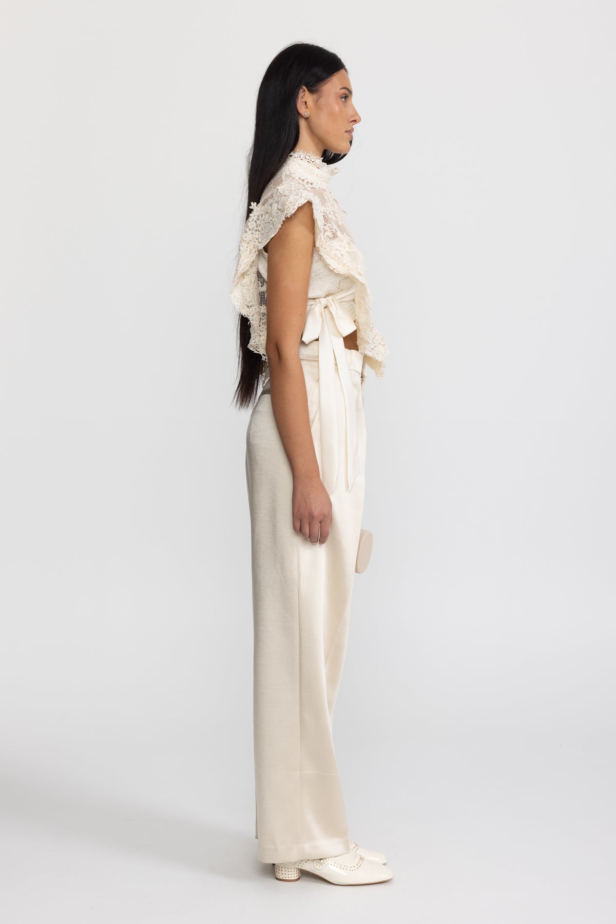 Sheer Lace Ruffle Mock Neck Top - Ivoire