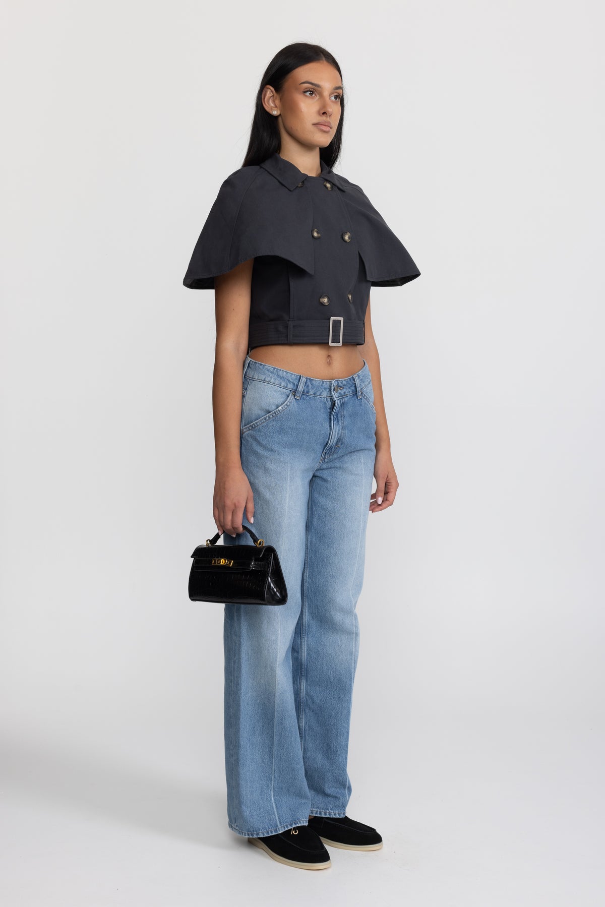 Top tip pelerină trench cropped cu curea - bleumarin