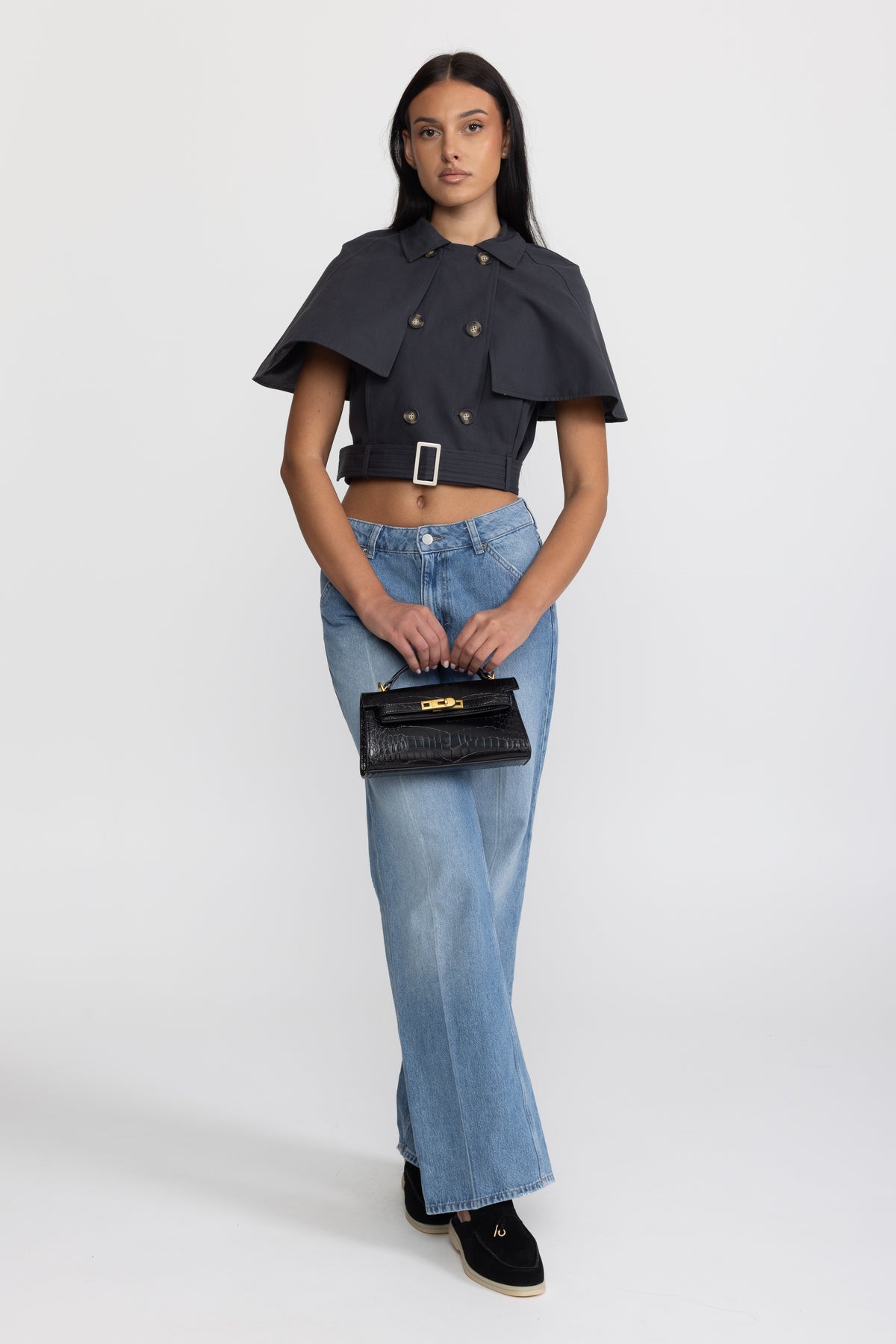 Top tip pelerină trench cropped cu curea - bleumarin