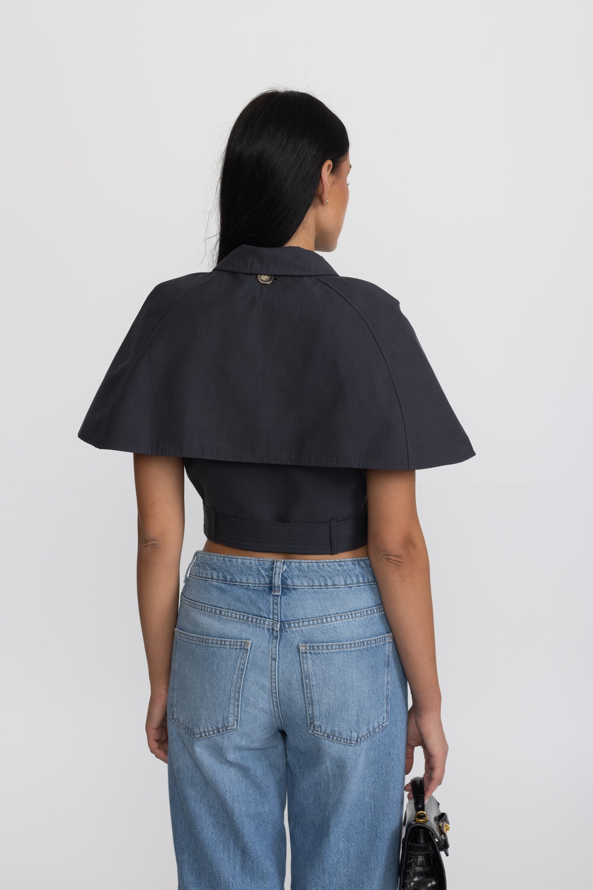 Top tip pelerină trench cropped cu curea - bleumarin