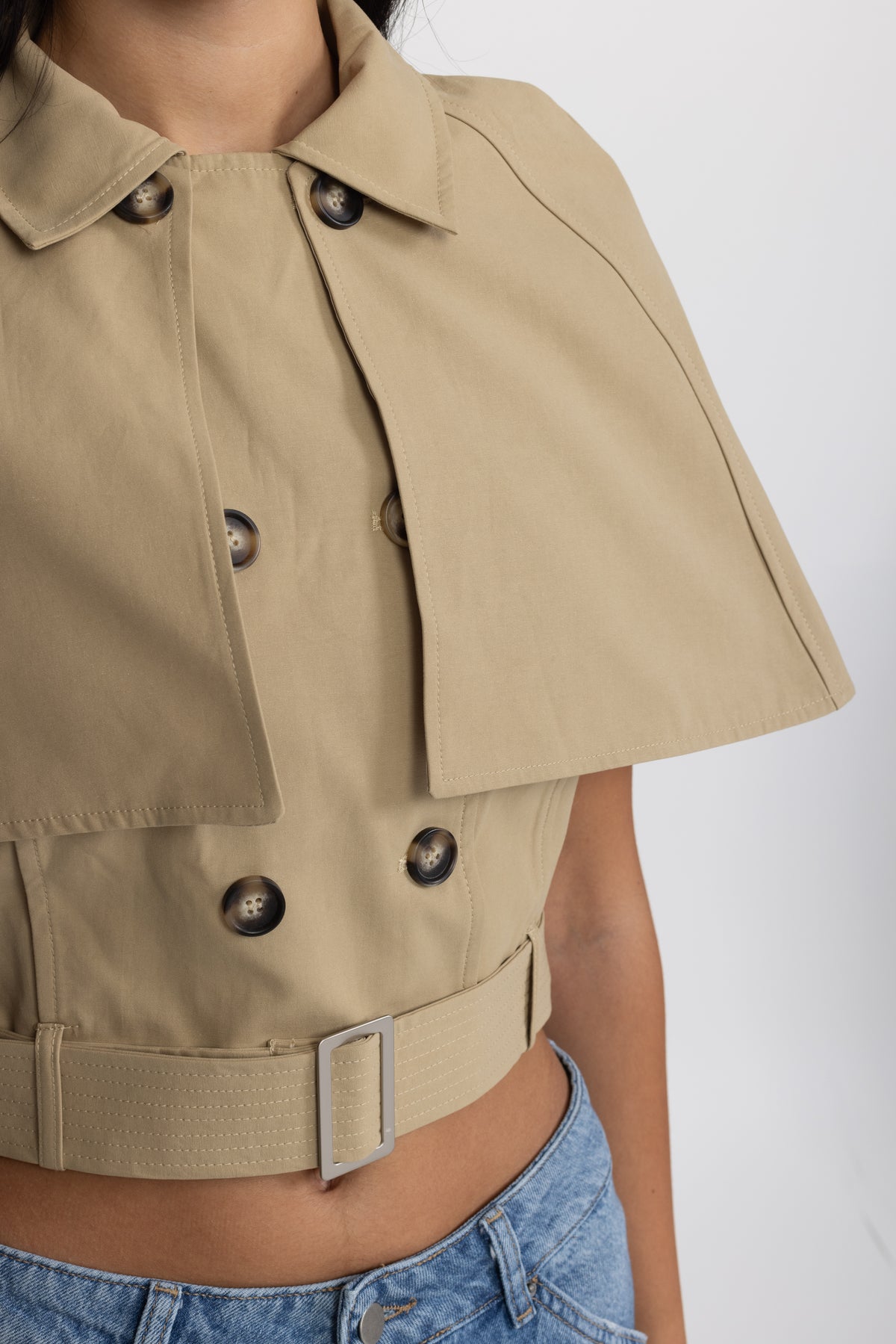 Top tip capă trench cropped cu curea - kaki