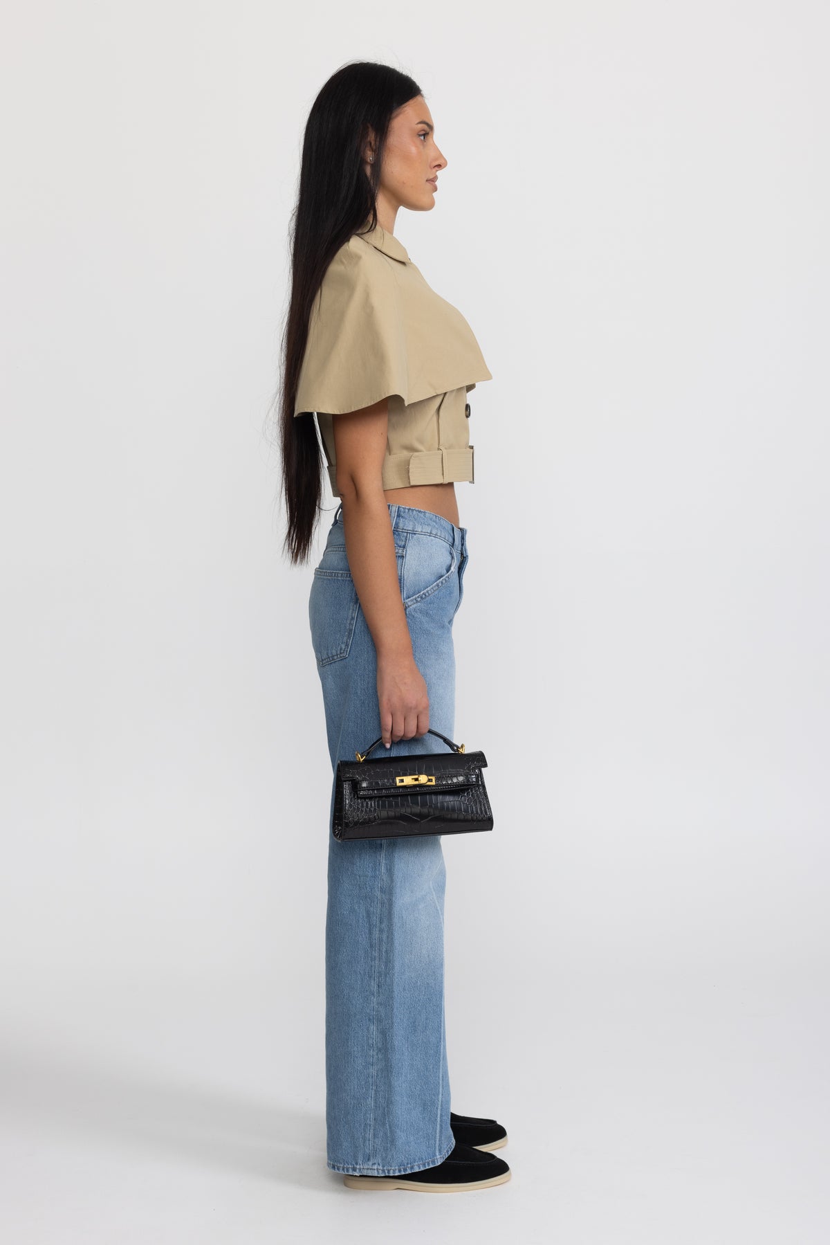 Top tip capă trench cropped cu curea - kaki