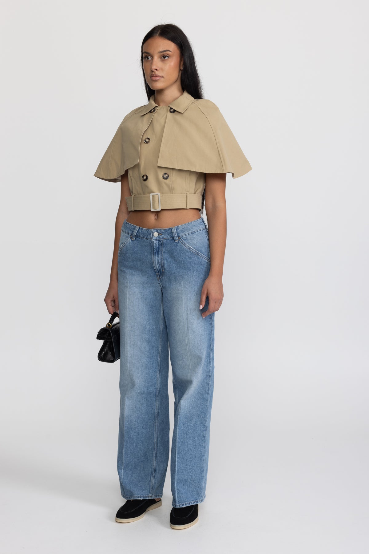 Top tip capă trench cropped cu curea - kaki