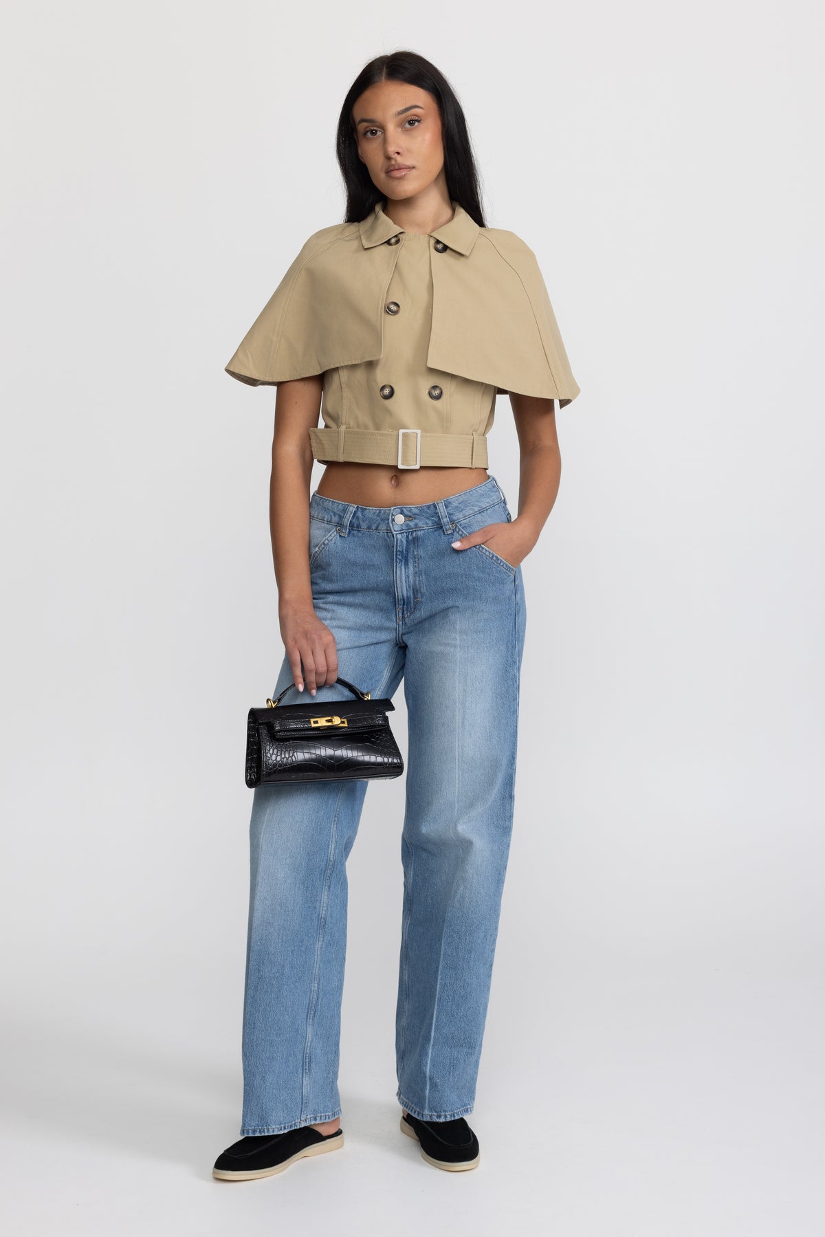 Top tip capă trench cropped cu curea - kaki