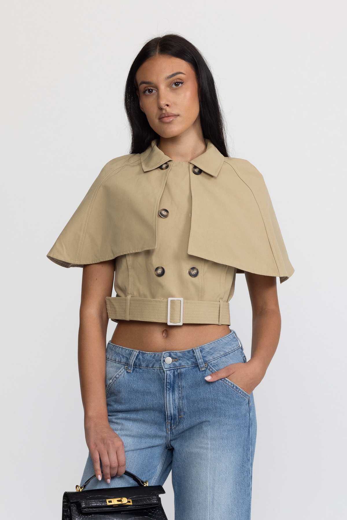 Top tip capă trench cropped cu curea - kaki