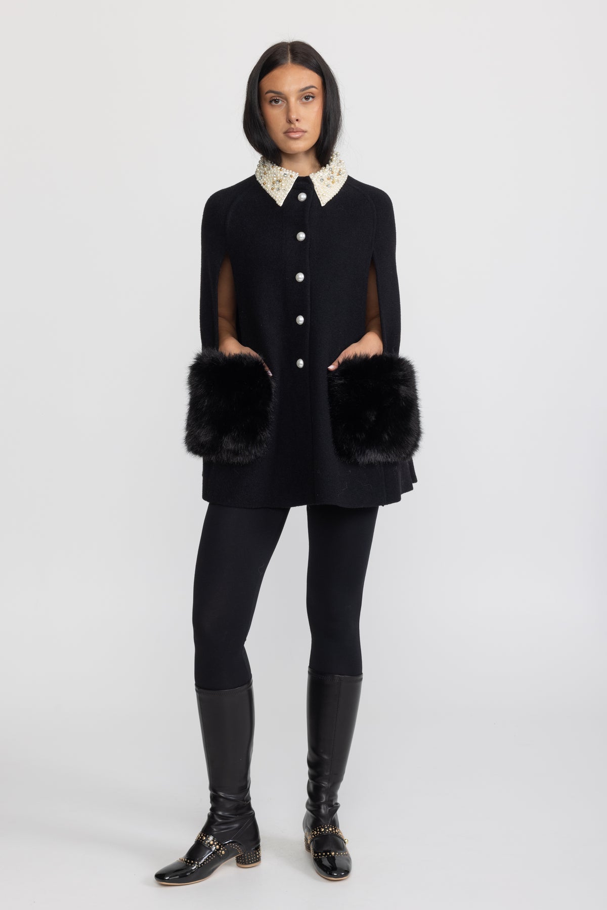 Pearl Embellished Collar Cape with Faux Fur Pockets - Black