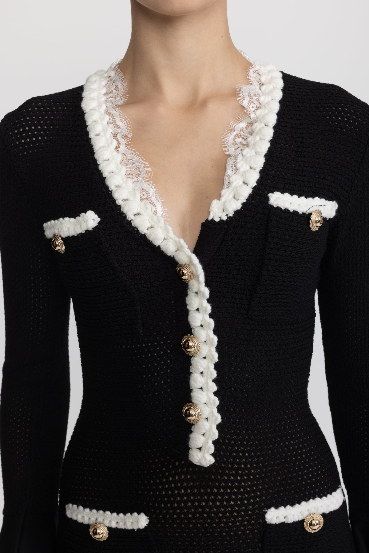 Lace Trim Crochet Knit Mini Dress with Gold Buttons - Black