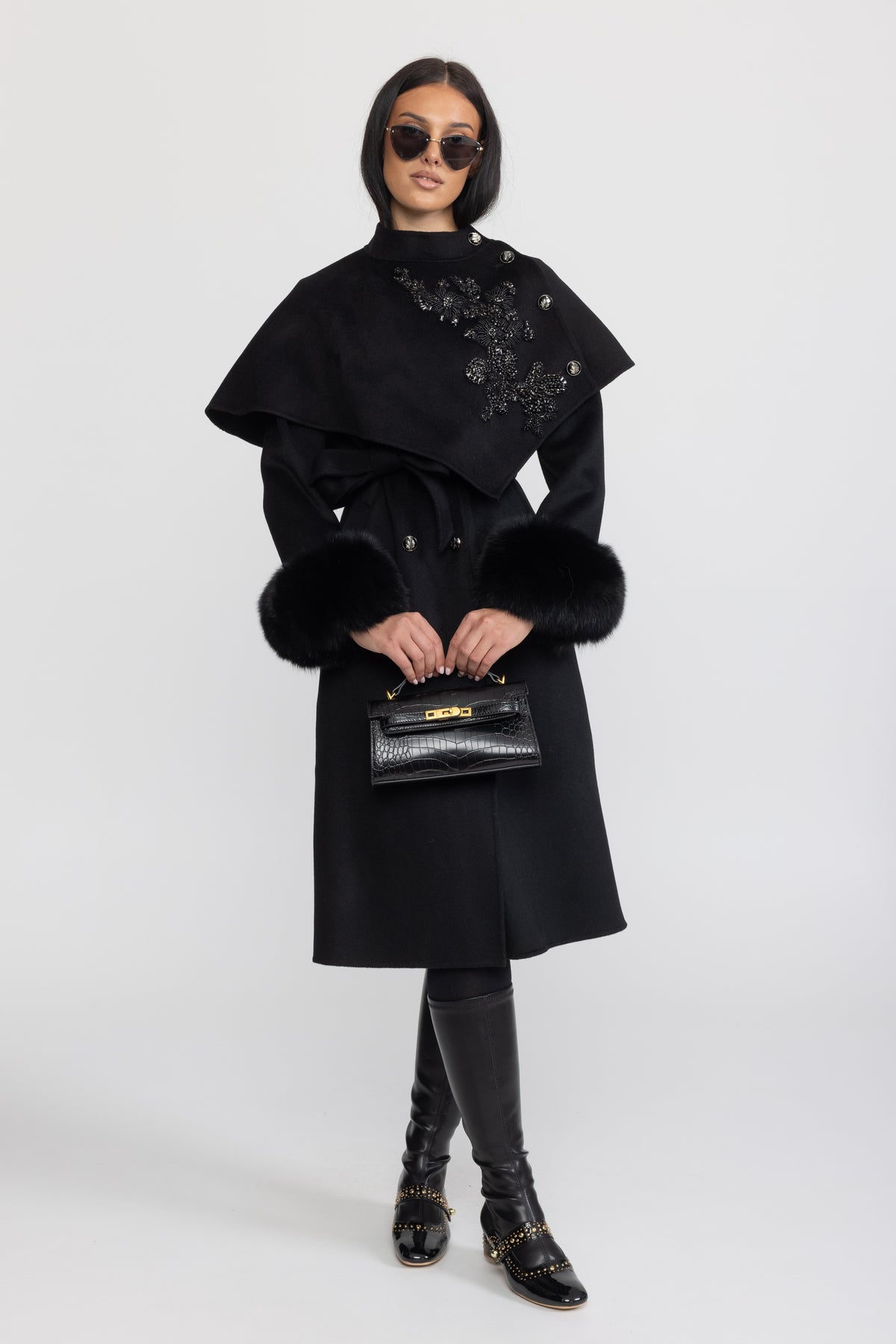 Embellished Capelet Wool Coat with Fox Fur Cuffs - Black