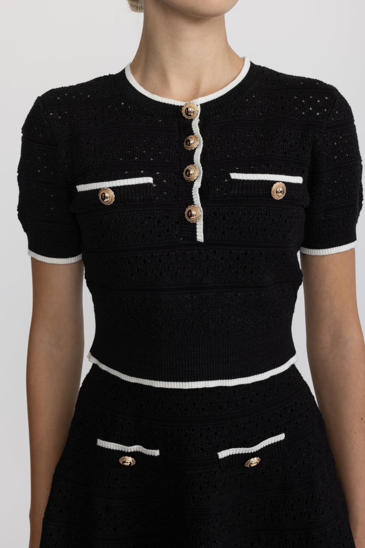 Pointelle Knit Top and Skater Skirt Co-ord Set - Black