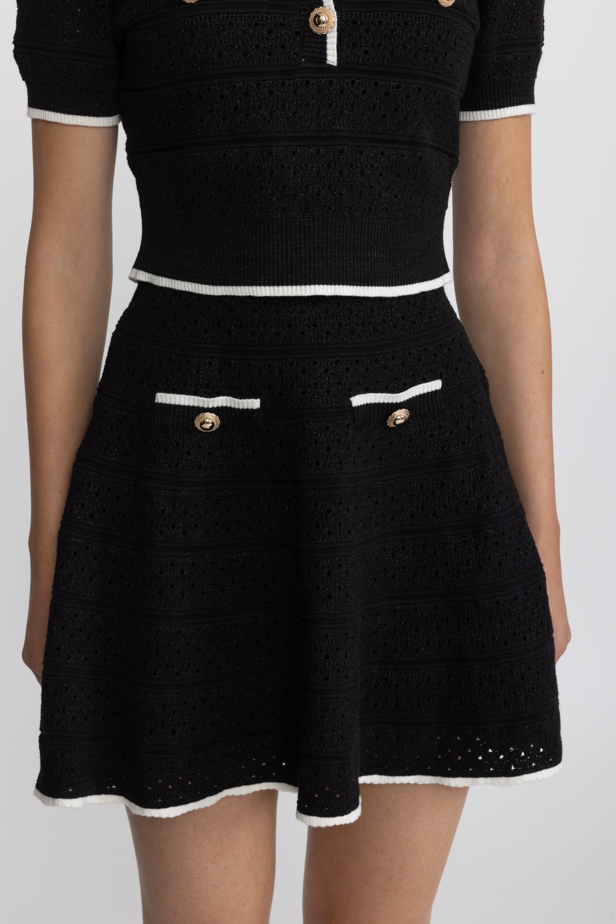 Pointelle Knit Top and Skater Skirt Co-ord Set - Black