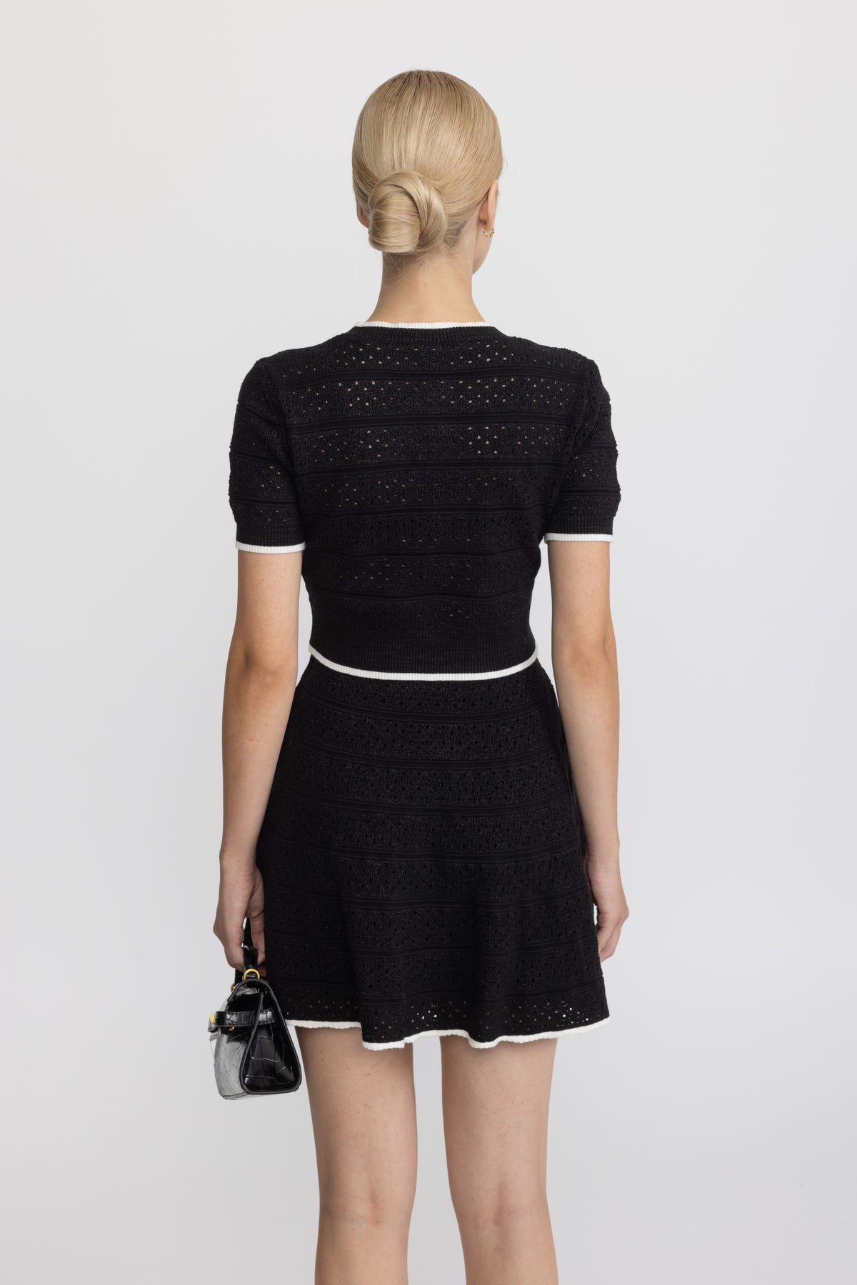 Pointelle Knit Top and Skater Skirt Co-ord Set - Black