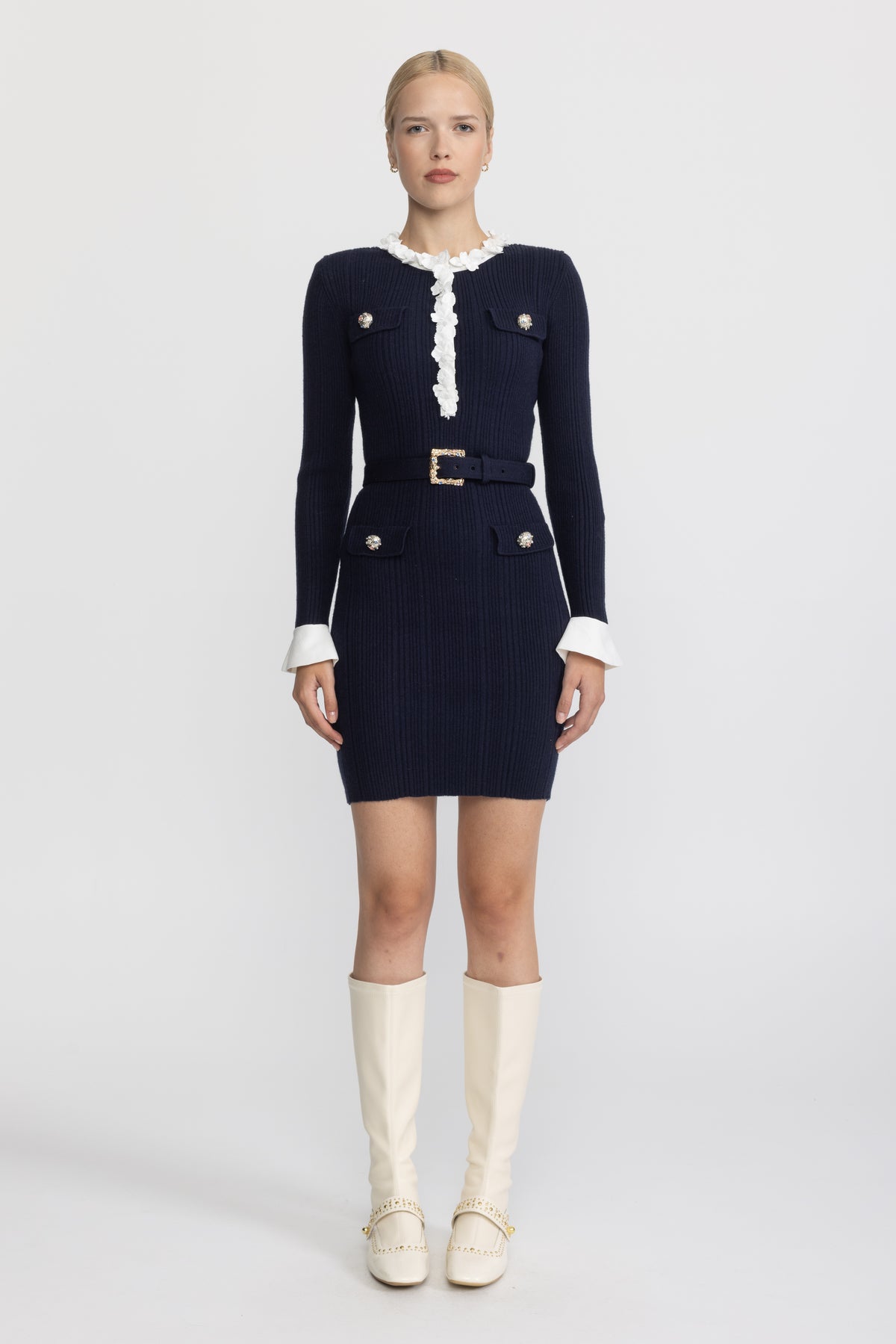 Floral Ruffle Rib Knit Belted Mini Dress - Navy
