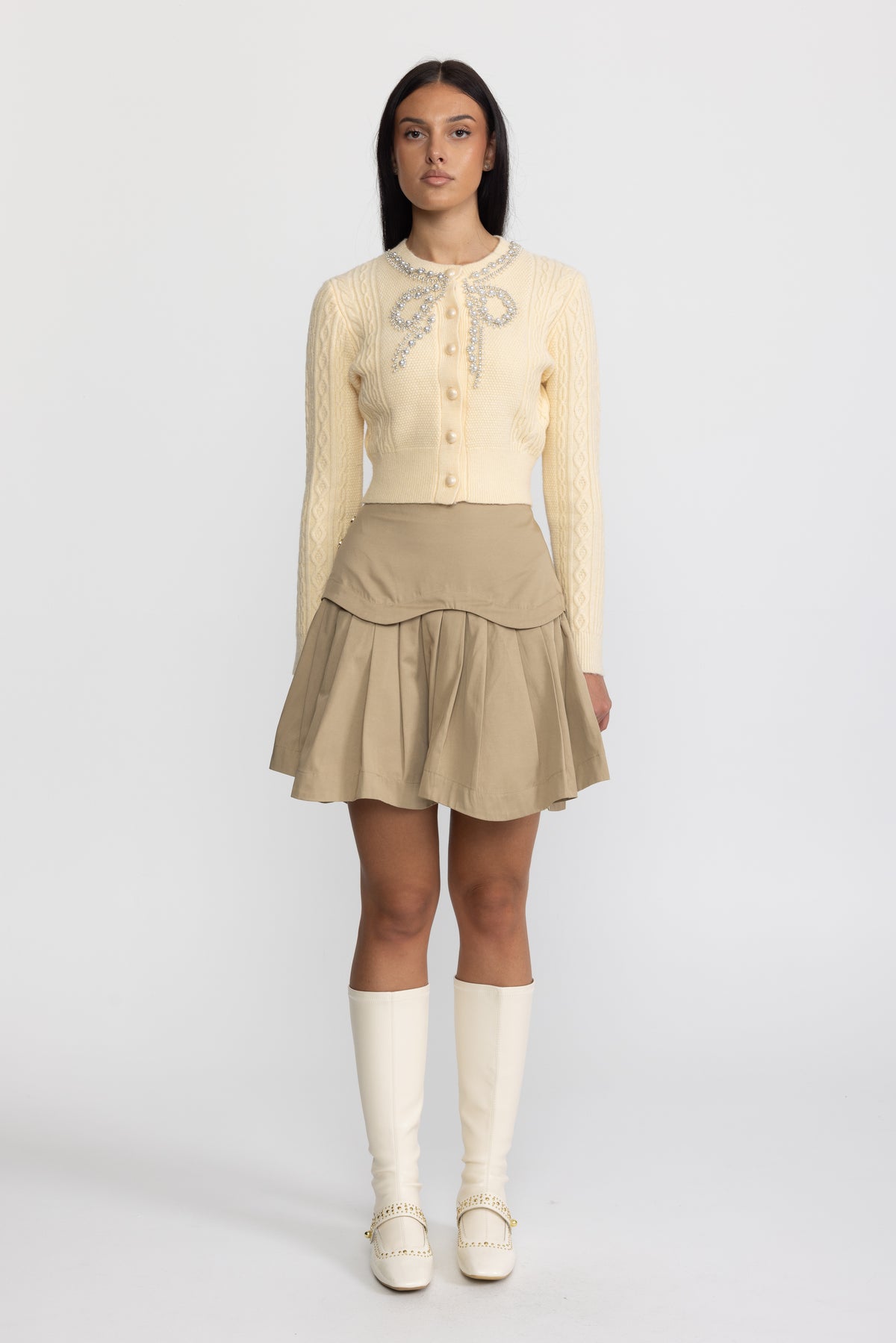 Cardigan din tricot cablu cu fundă decorativă din perle - galben