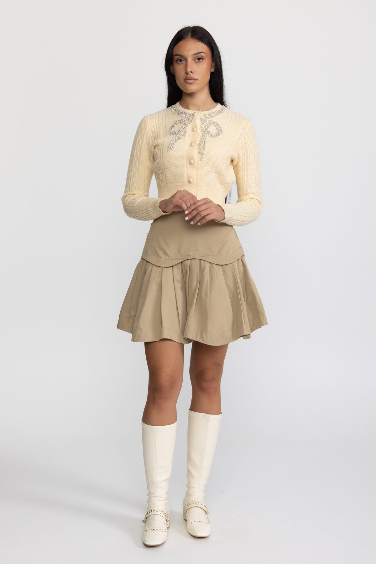 Cardigan din tricot cablu cu fundă decorativă din perle - galben