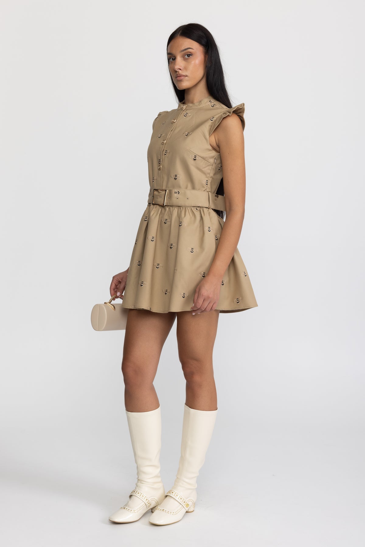 Bee Embroidered Belted Cotton Mini Dress - Khaki