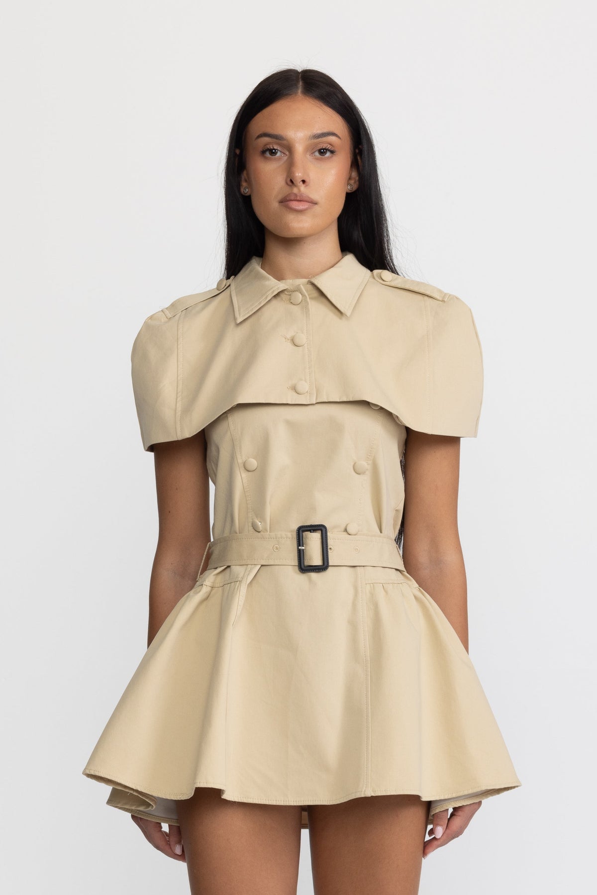 Rochie mini tip trench cu decolteu halter și capă detașabilă - kaki