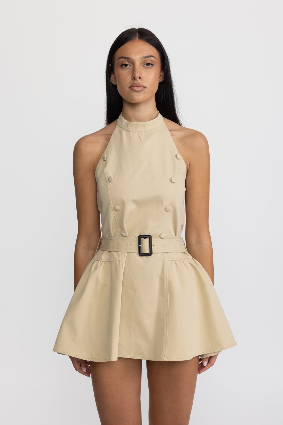 Rochie mini tip trench cu decolteu halter și capă detașabilă - kaki