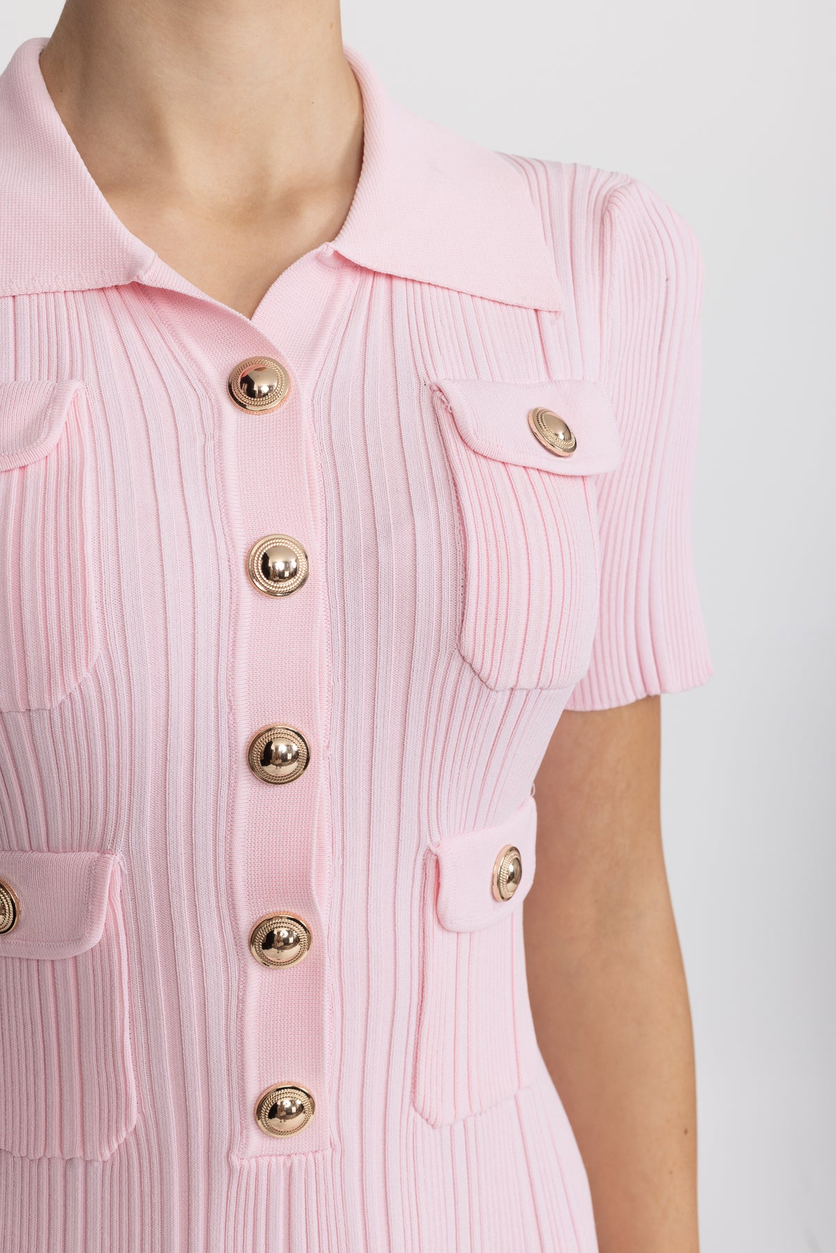 Polo Collar Rib Knit Mini Dress with Gold Buttons - Pink
