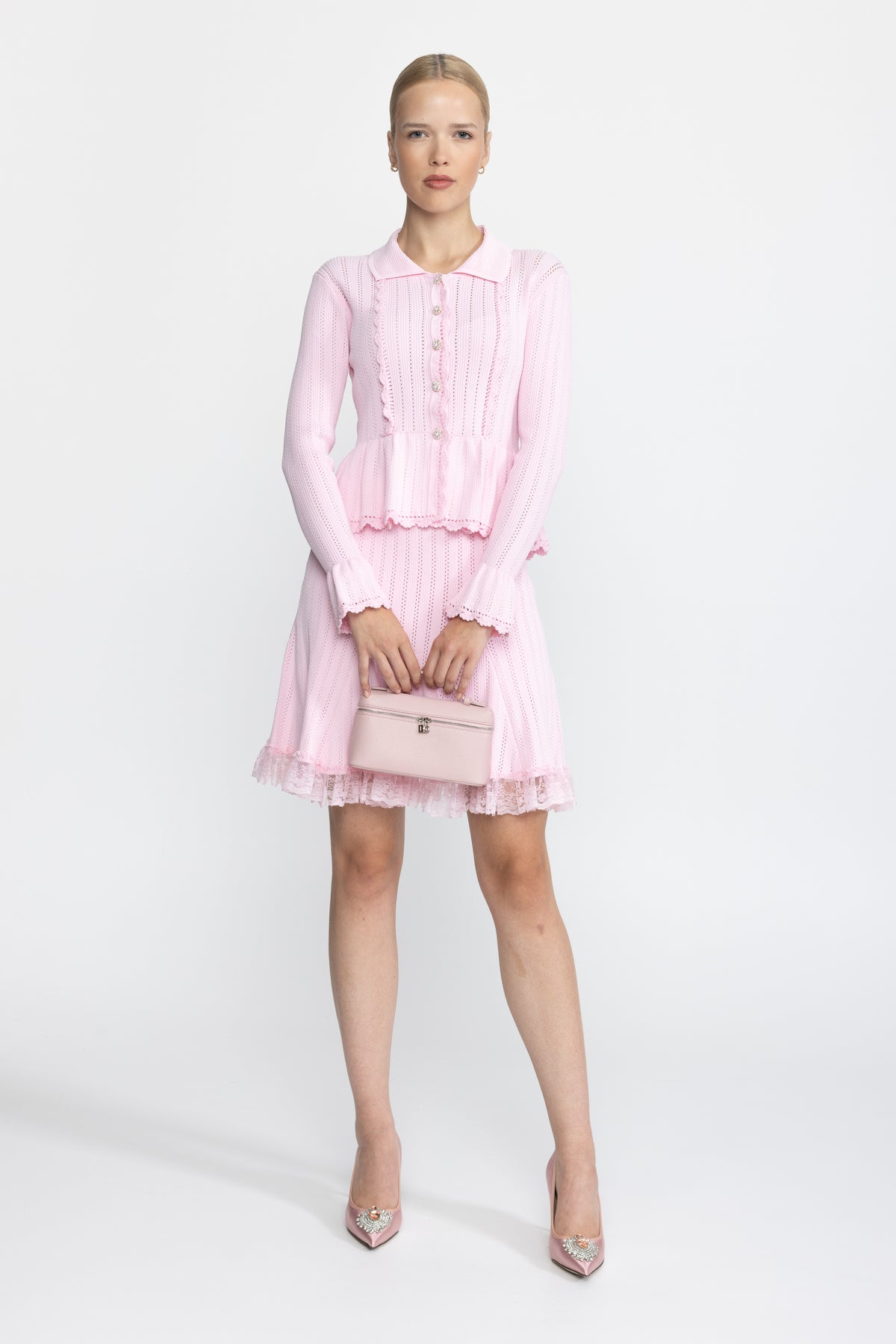 Pointelle Knit Peplum Cardigan and Lace Hem Skirt Co-ord Set - Pink