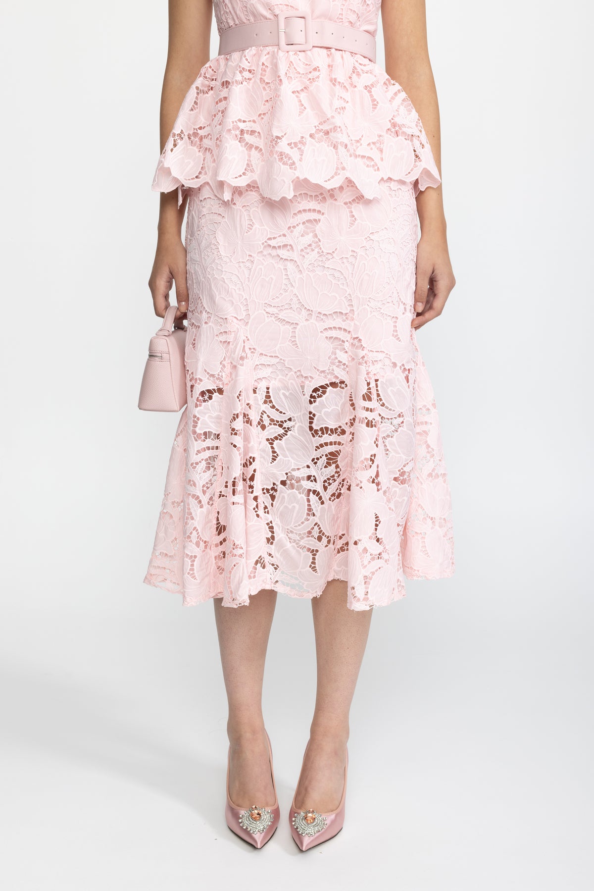 Guipure Lace Peplum Midi Dress - Pink