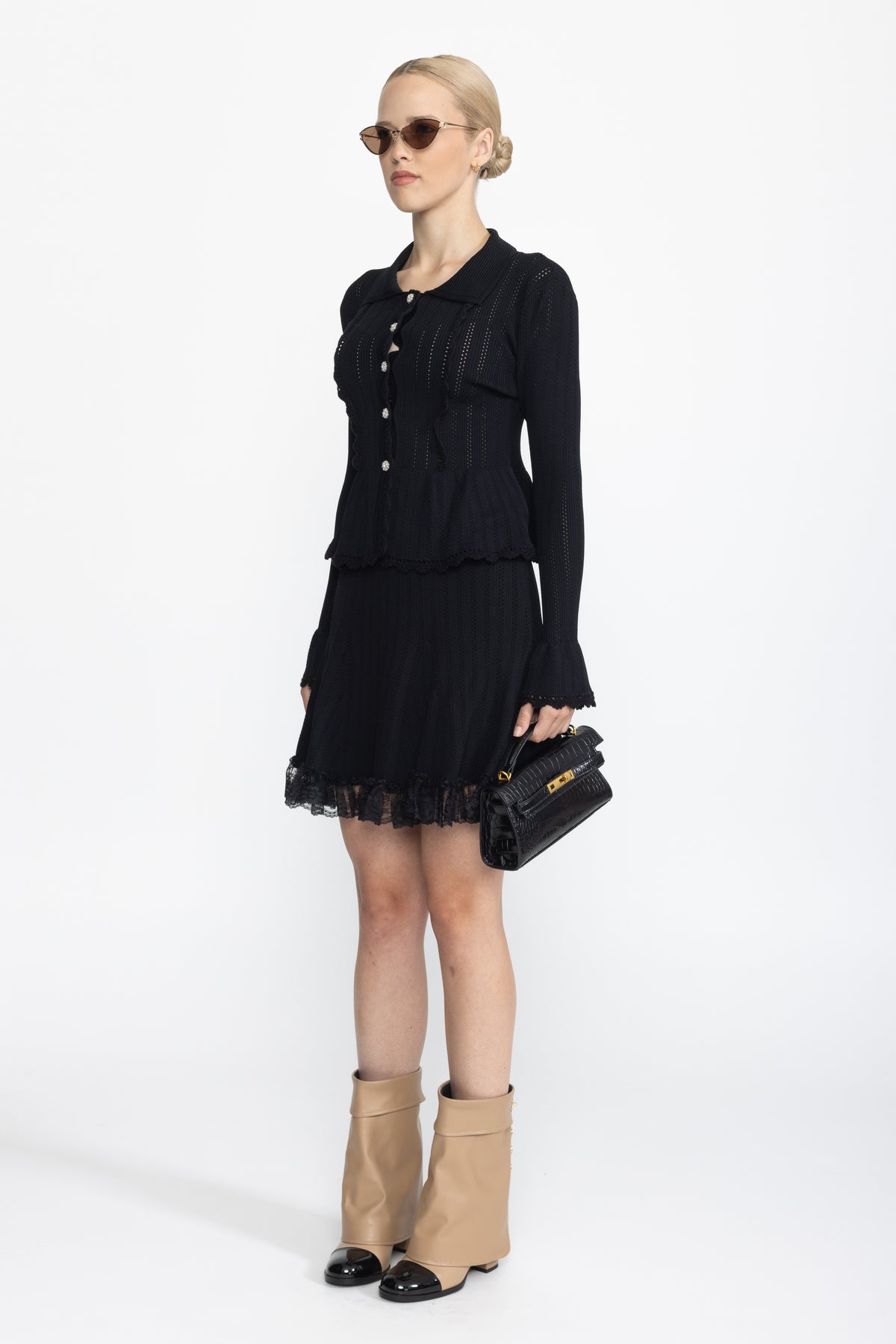 Pointelle Knit Peplum Cardigan and Lace Hem Skirt Co-ord Set - Black
