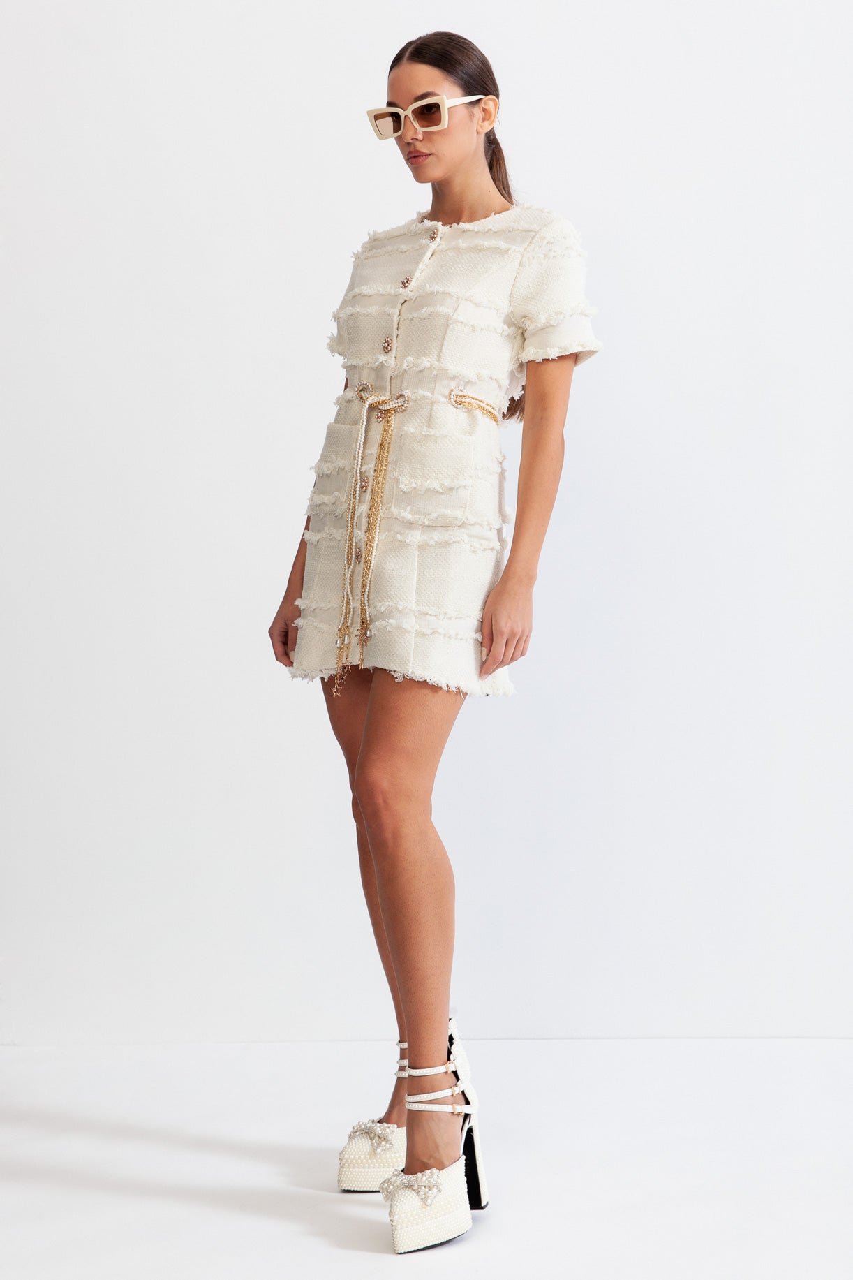 Rochie Tweed cu Lanț de Perle - Bej