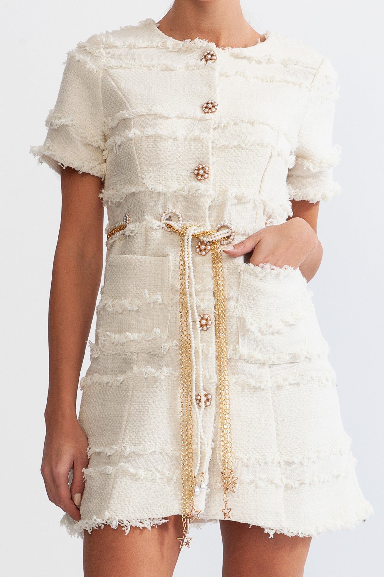 Rochie Tweed cu Lanț de Perle - Bej