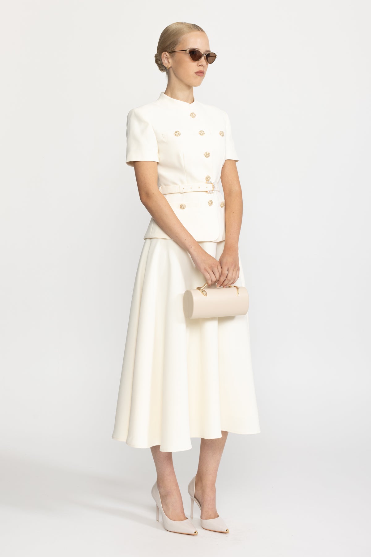 Belted Button Jacket and A-Line Midi Skirt Co-ord Set - Ivoire