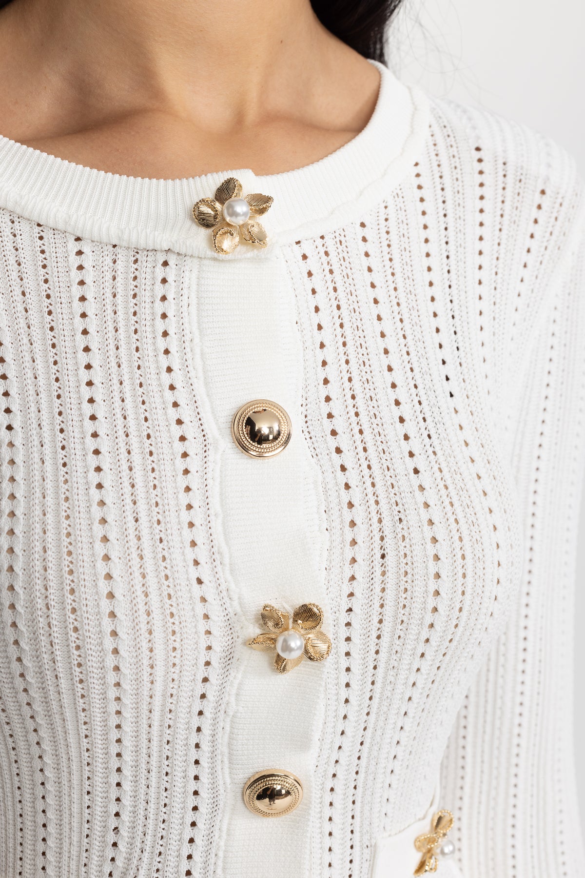 Pointelle Knit Peplum Mini Dress with Flower Buttons - White