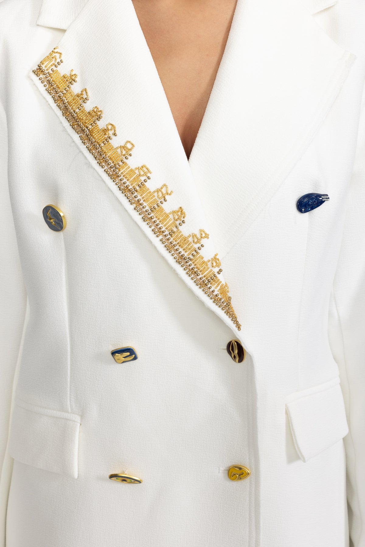 Embellished Lapel Double-Breasted Longline Coat - White