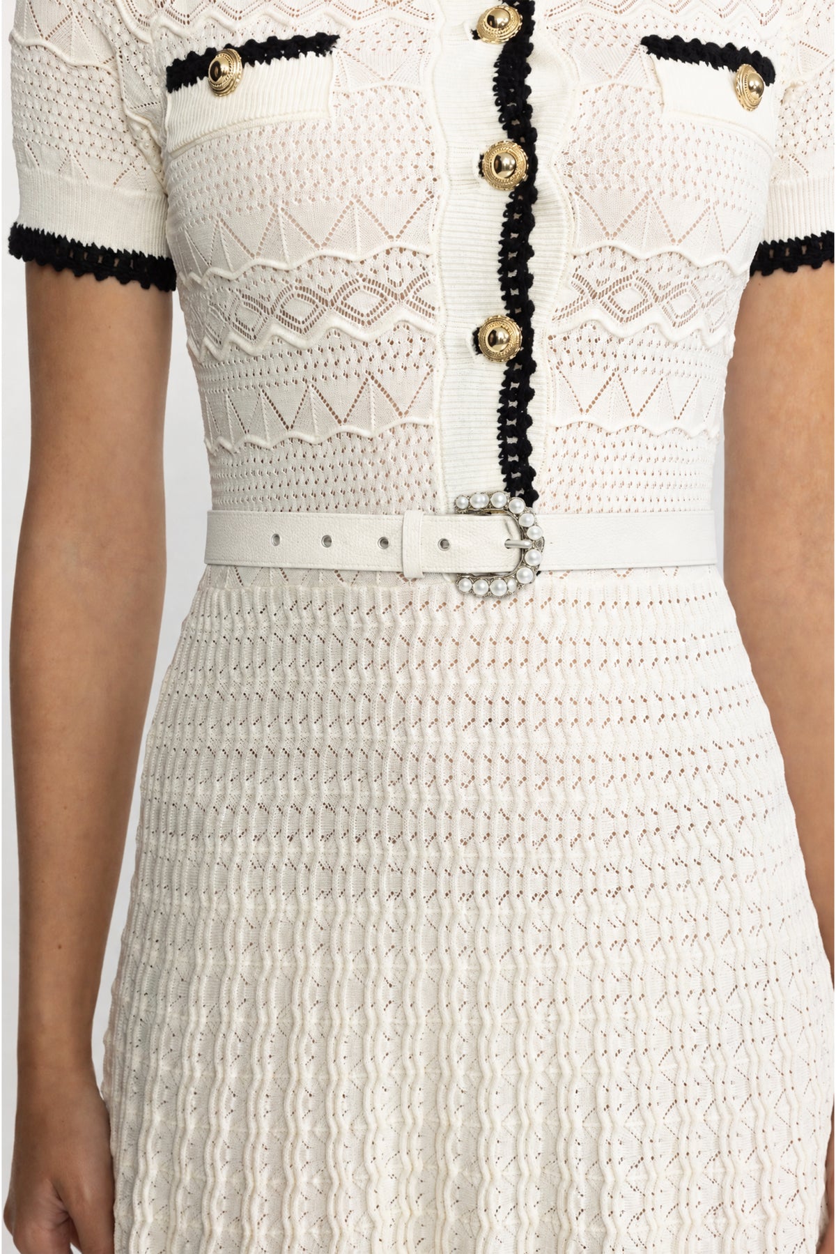 Rochie midi din tricot pointelle cu cordon - Ivoire