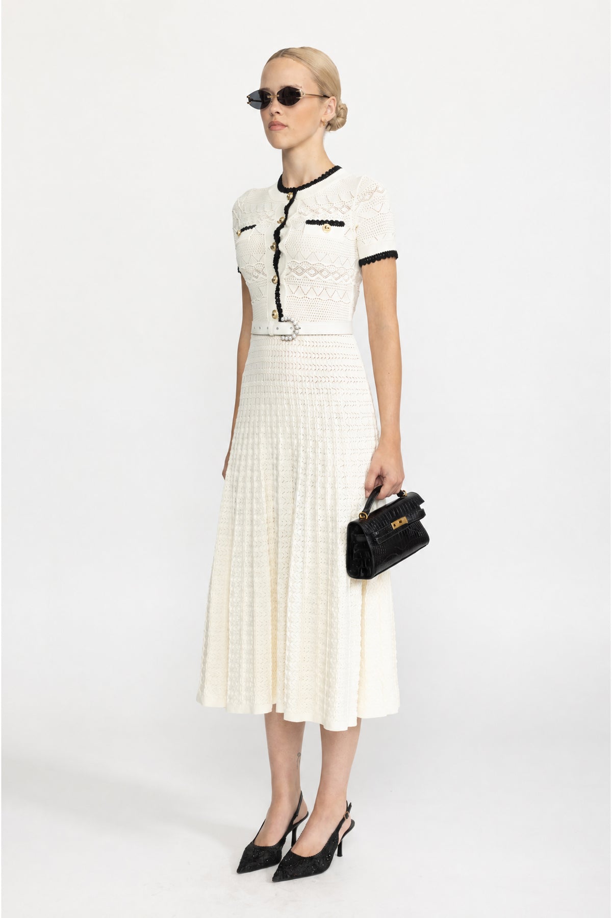 Rochie midi din tricot pointelle cu cordon - Ivoire