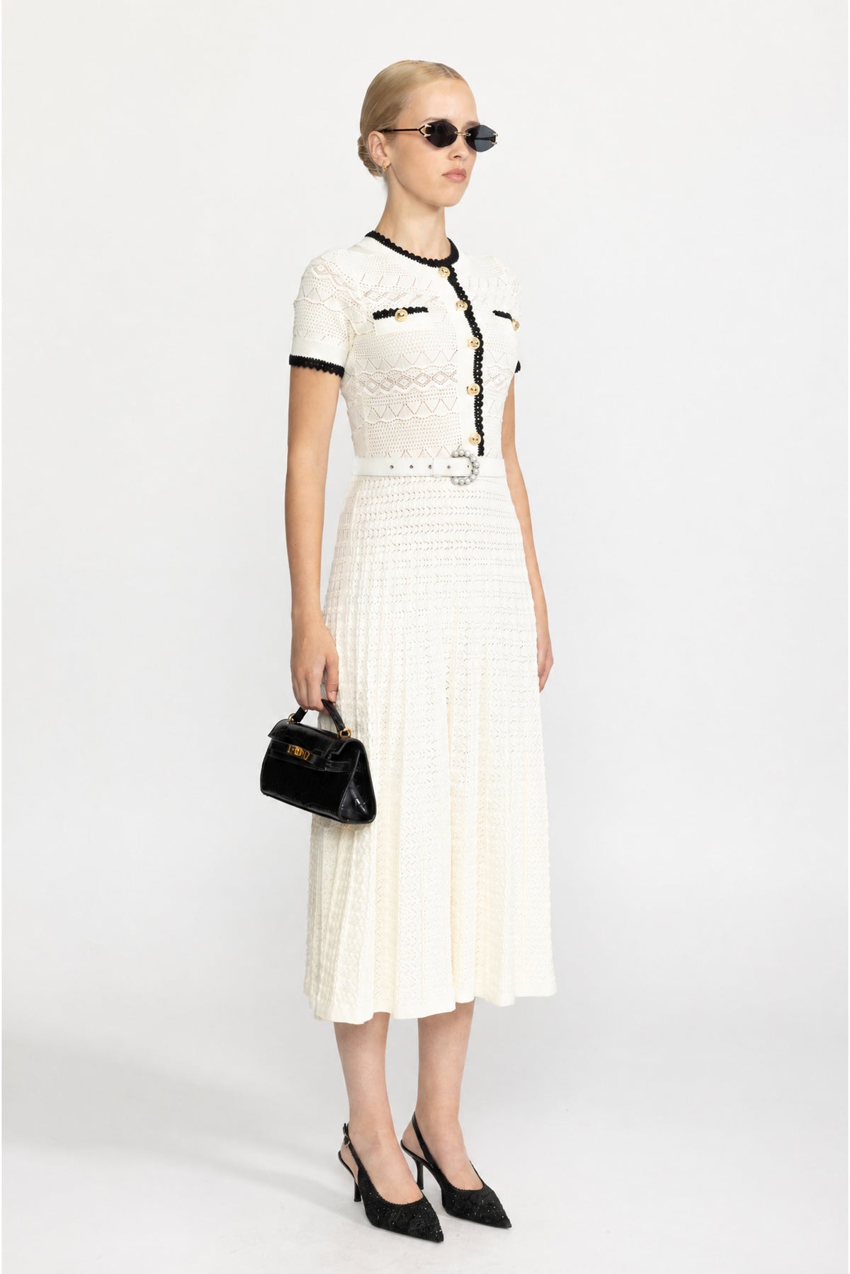 Rochie midi din tricot pointelle cu cordon - Ivoire