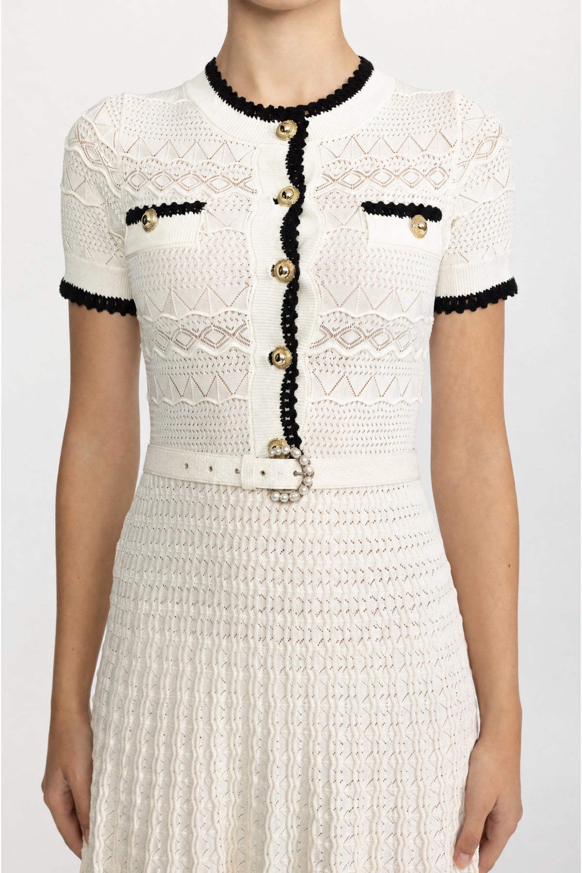 Rochie midi din tricot pointelle cu cordon - Ivoire