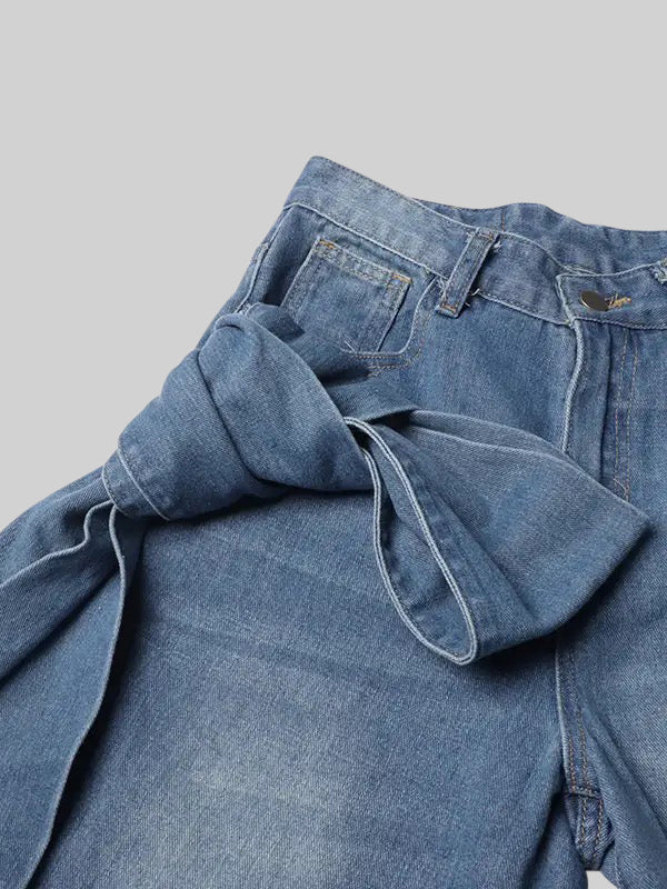 Jeans cu Picior Larg și Detalii cu Fundă - Blue