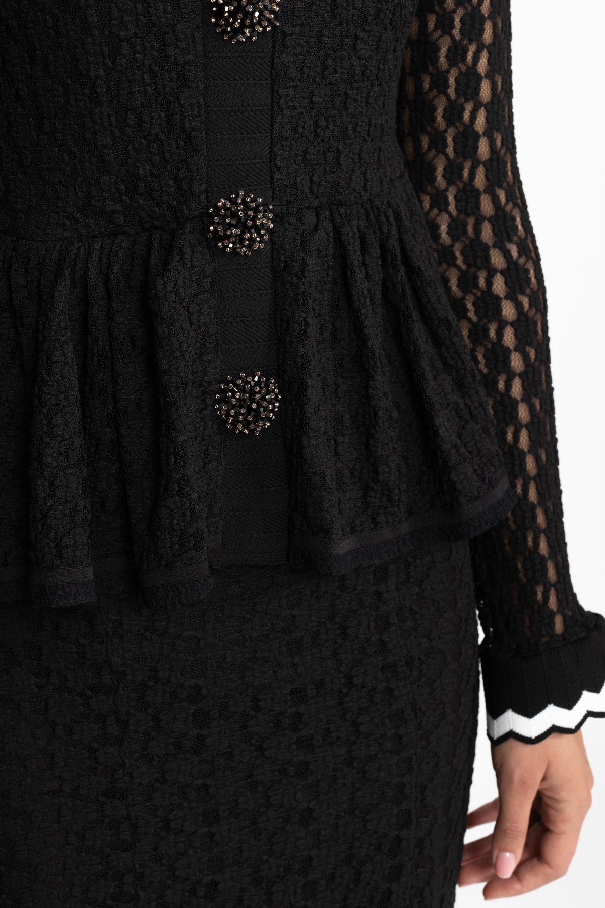 Rochie midi din tricot croșetat cu peplum și bordură ric-rac - negru
