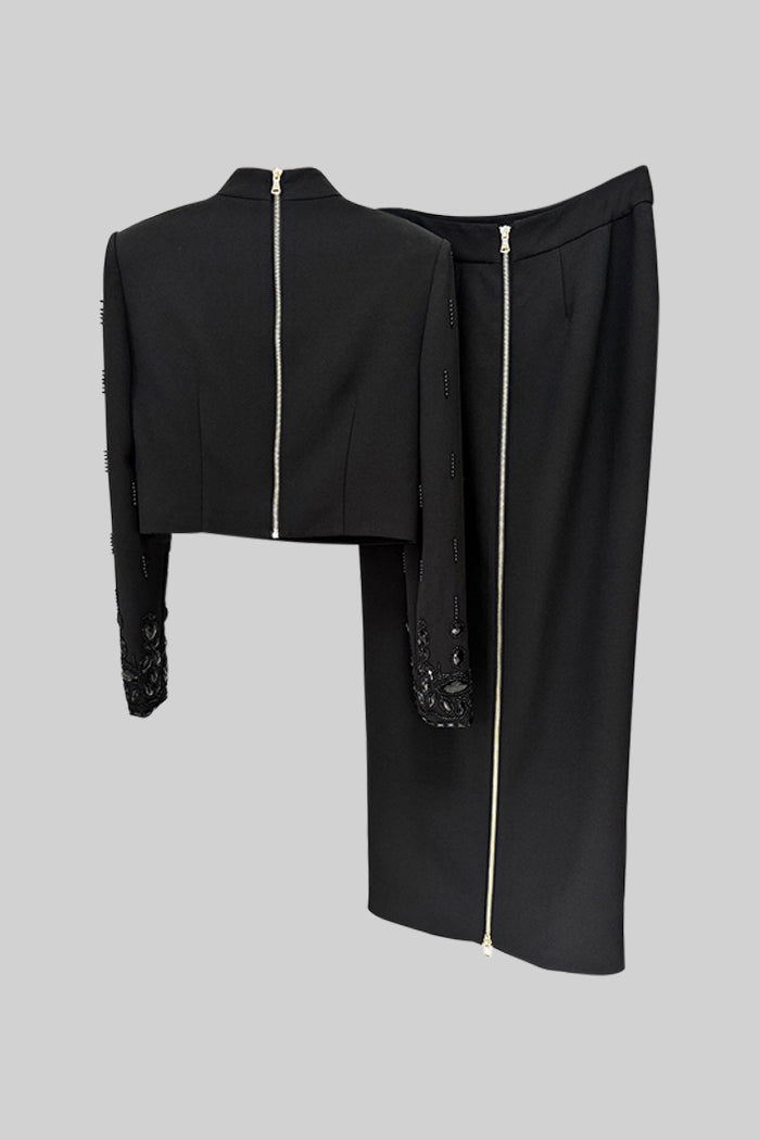 Set asortat împodobit cu diamante, cu fustă maxi - Negru