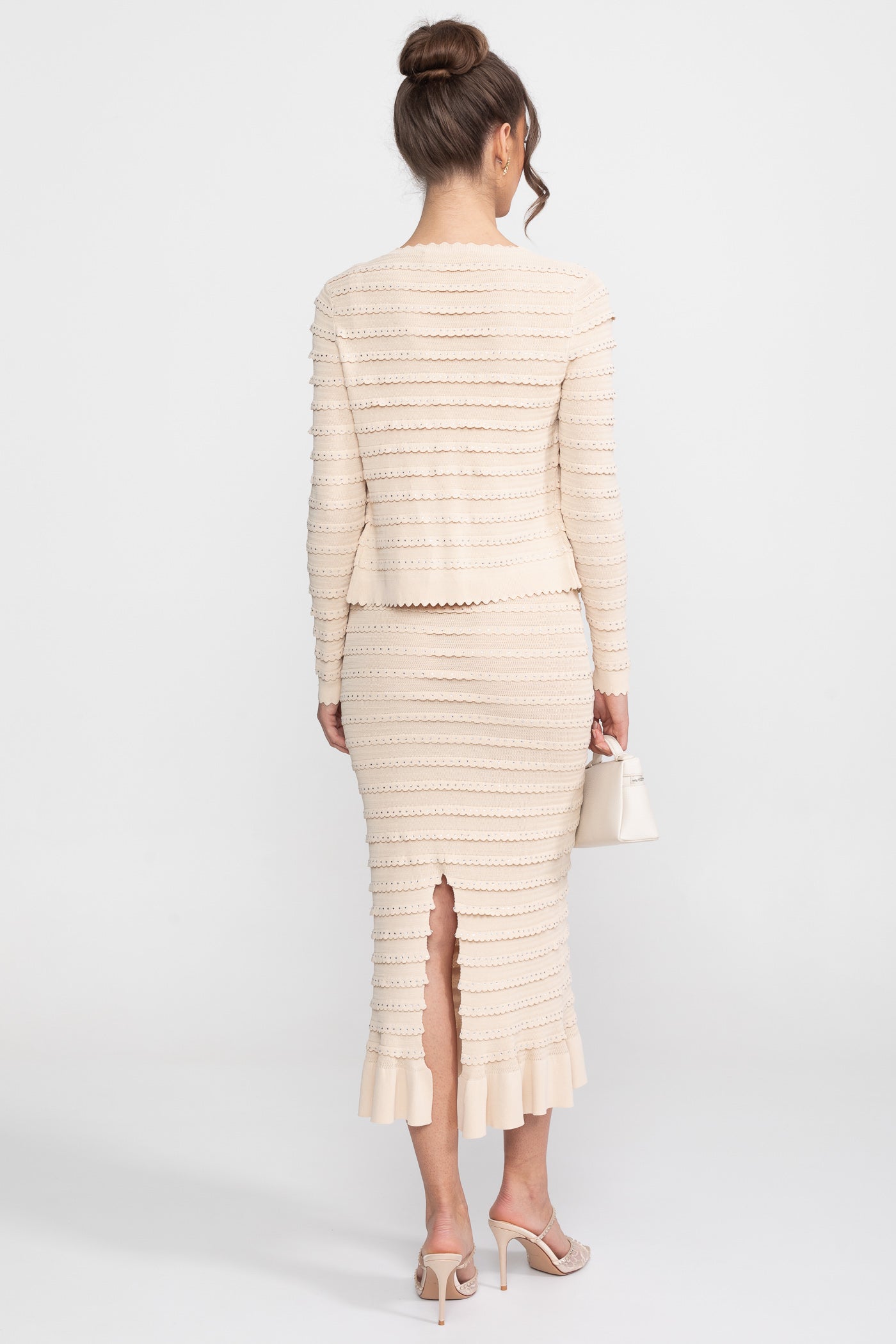 Set din tricot texturat, 3 piese, cu blazer, top și fustă midi - Beige