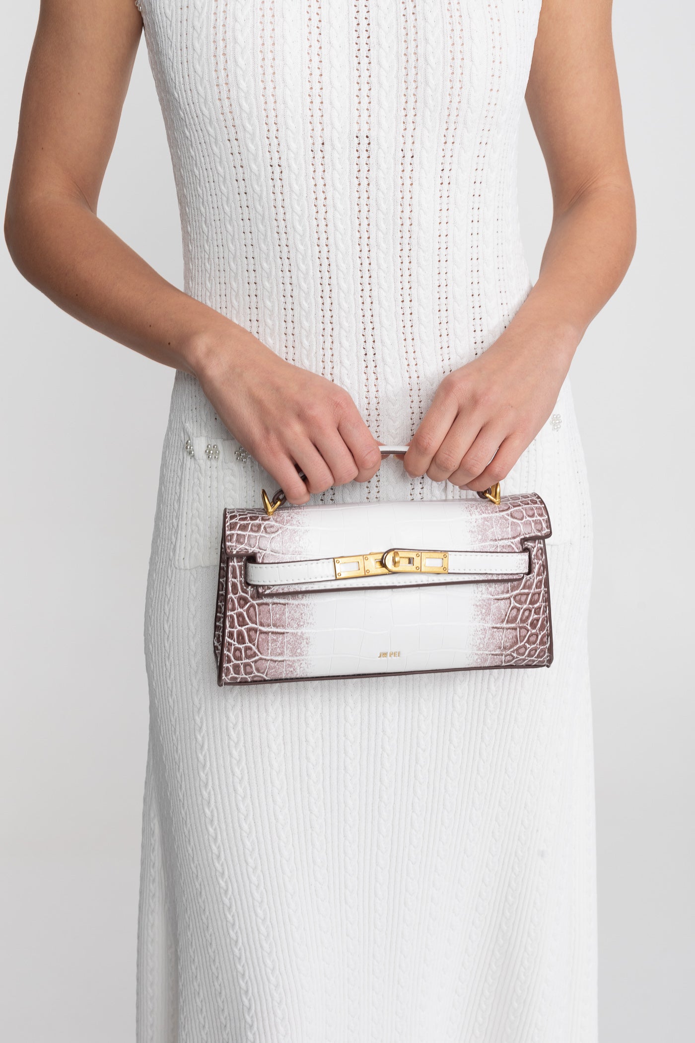 Geantă mini structurată, stil Kelly, cu accesorii aurii - Croc off-white