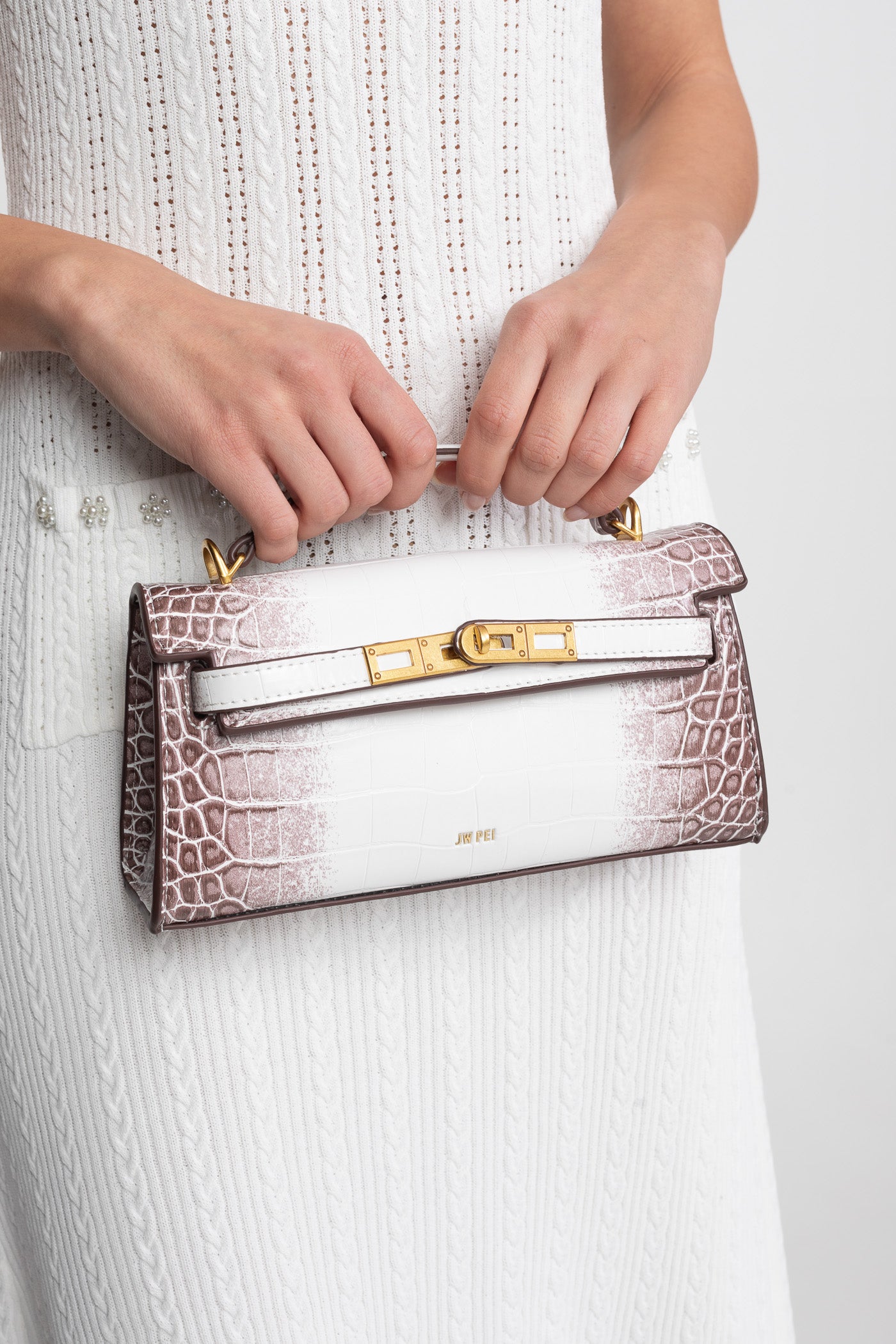 Geantă mini structurată, stil Kelly, cu accesorii aurii - Croc off-white