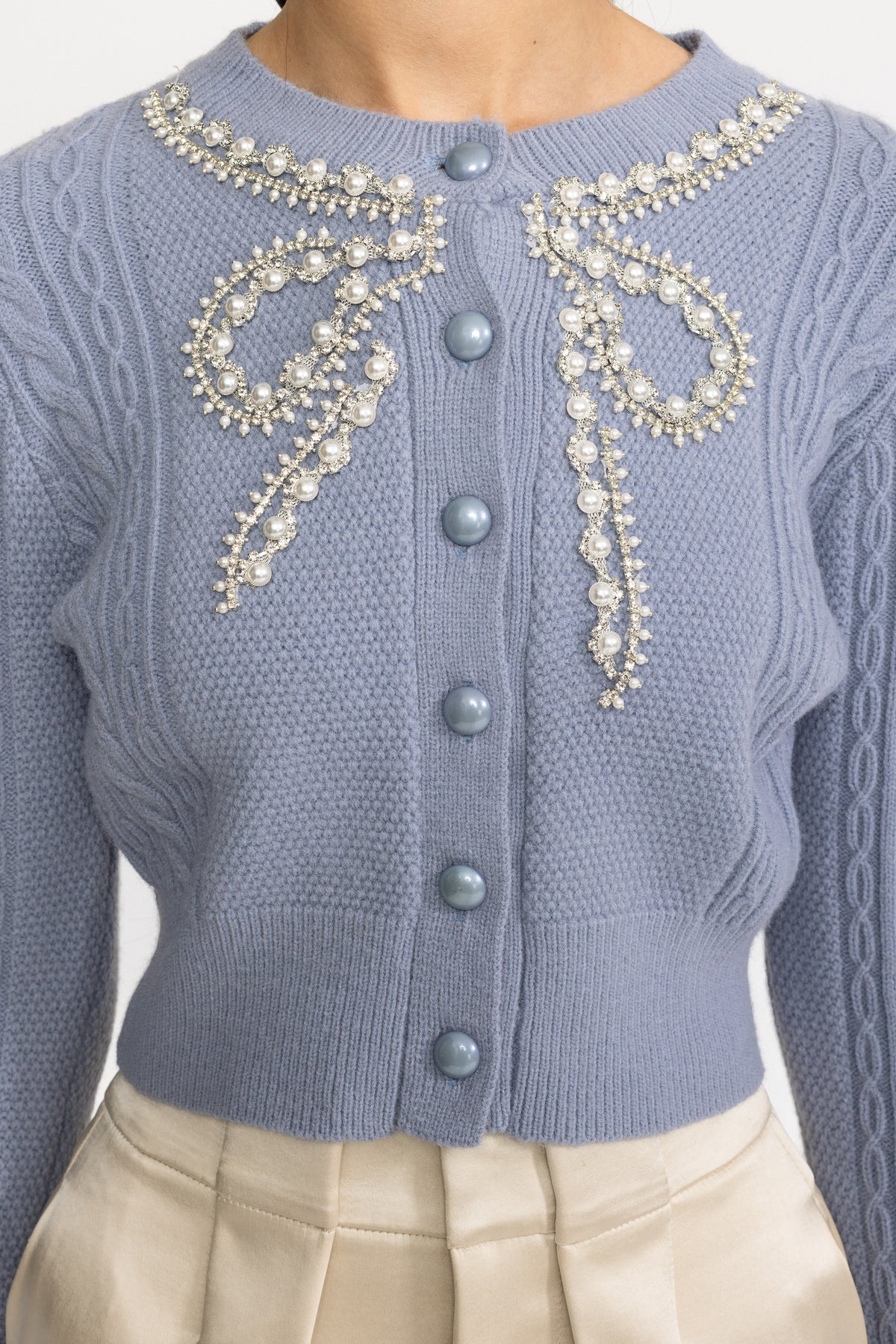 Cardigan din tricot cu torsade, decorat cu fundă cu perle - Albastru