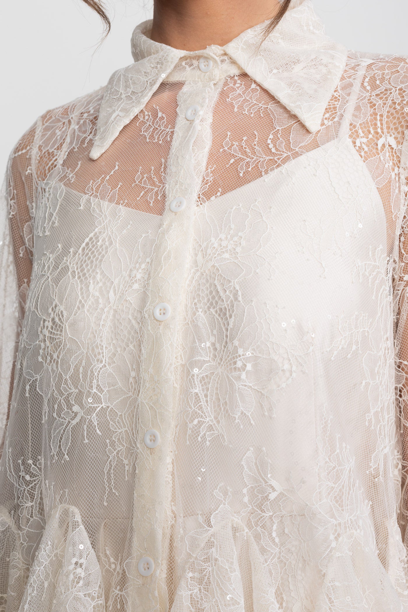 Sheer Lace Peplum Blouse With Ruffle Hem And Satin Maxi Skirt - Ivoire