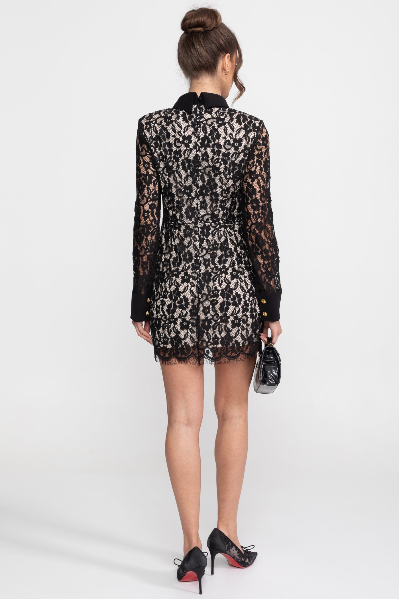 Rochie mini din dantelă cu mânecă lungă și tiv festonat - Negru