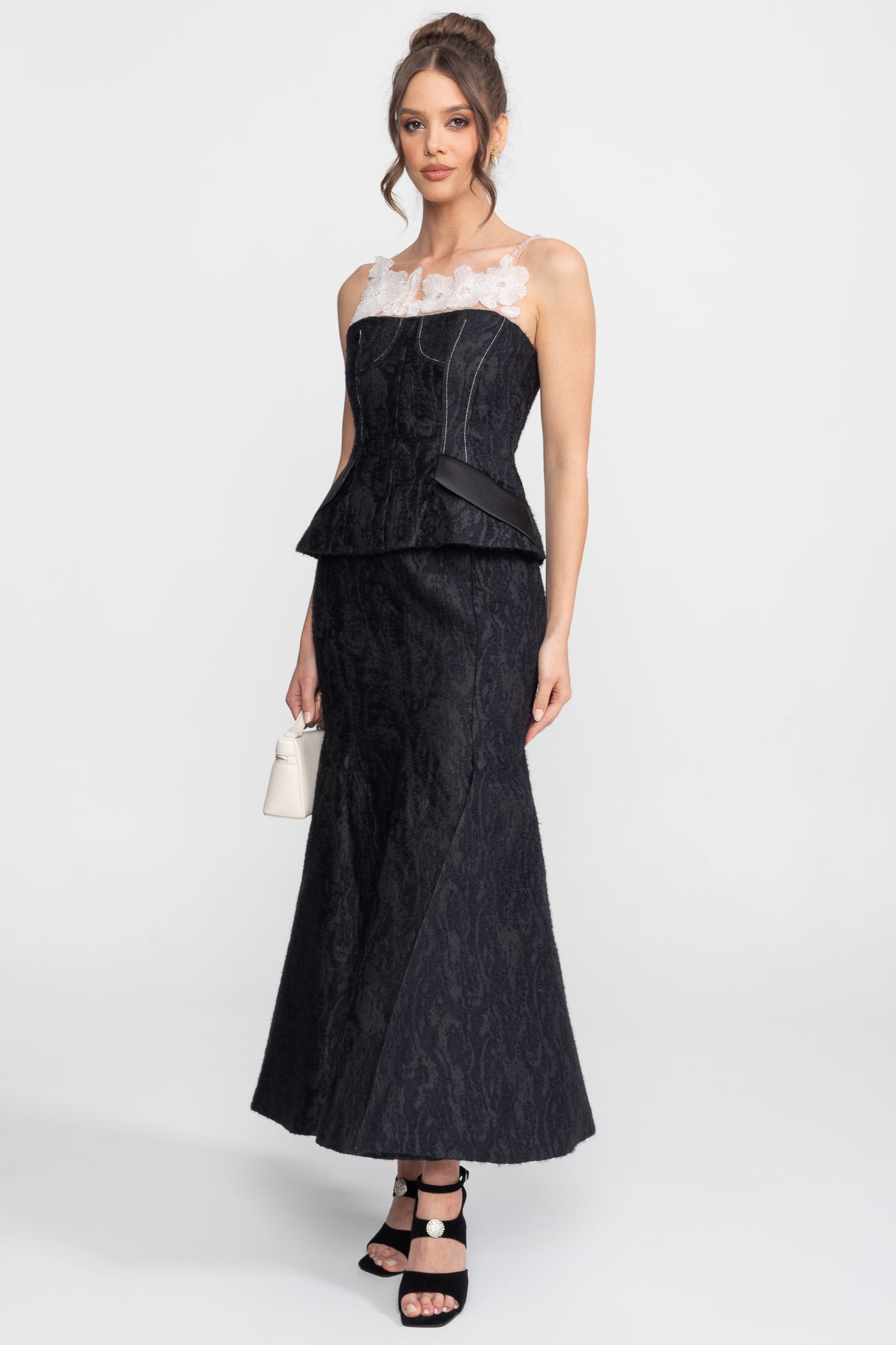 Jacquard Maxi Set With Sheer Floral Neckline And Peplum Waist - Black